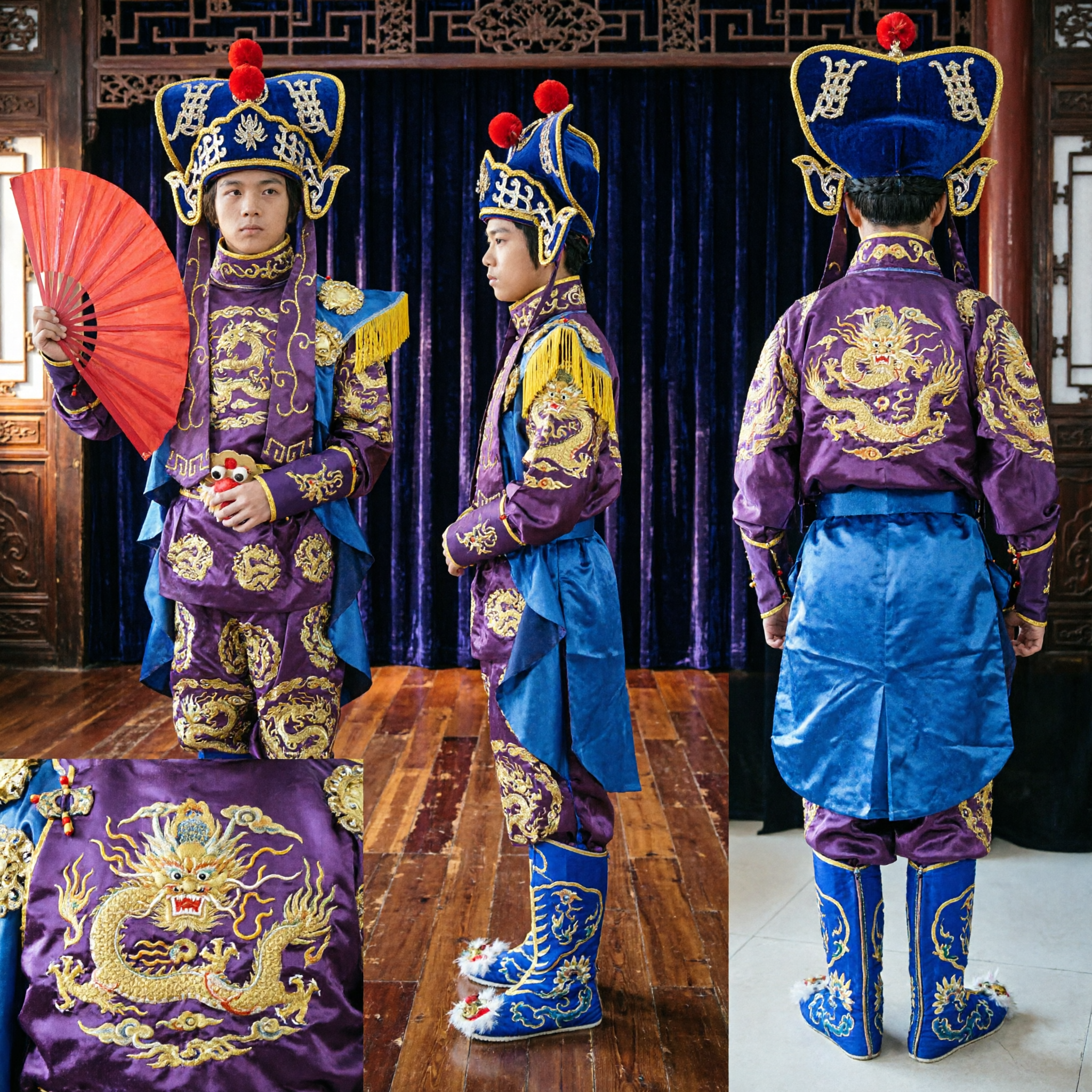 Men's Traditional Chinese Opera Costume Purple Dragon General Warrior Robe with Hat Fan for Stage Performance