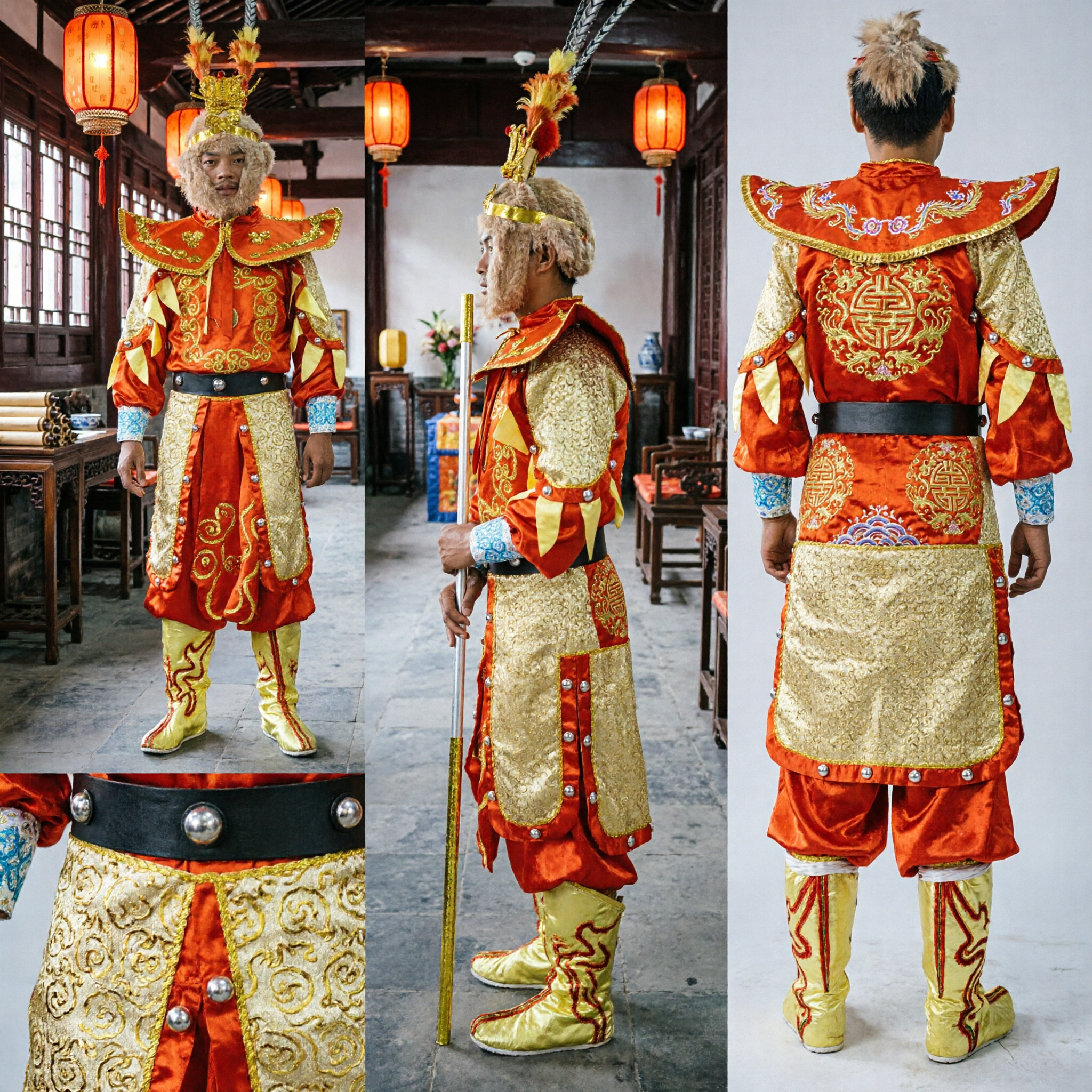 Men's Chinese Monkey King Sun Wukong Costume Traditional Opera Armor Set with Golden Staff for Cosplay and Halloween