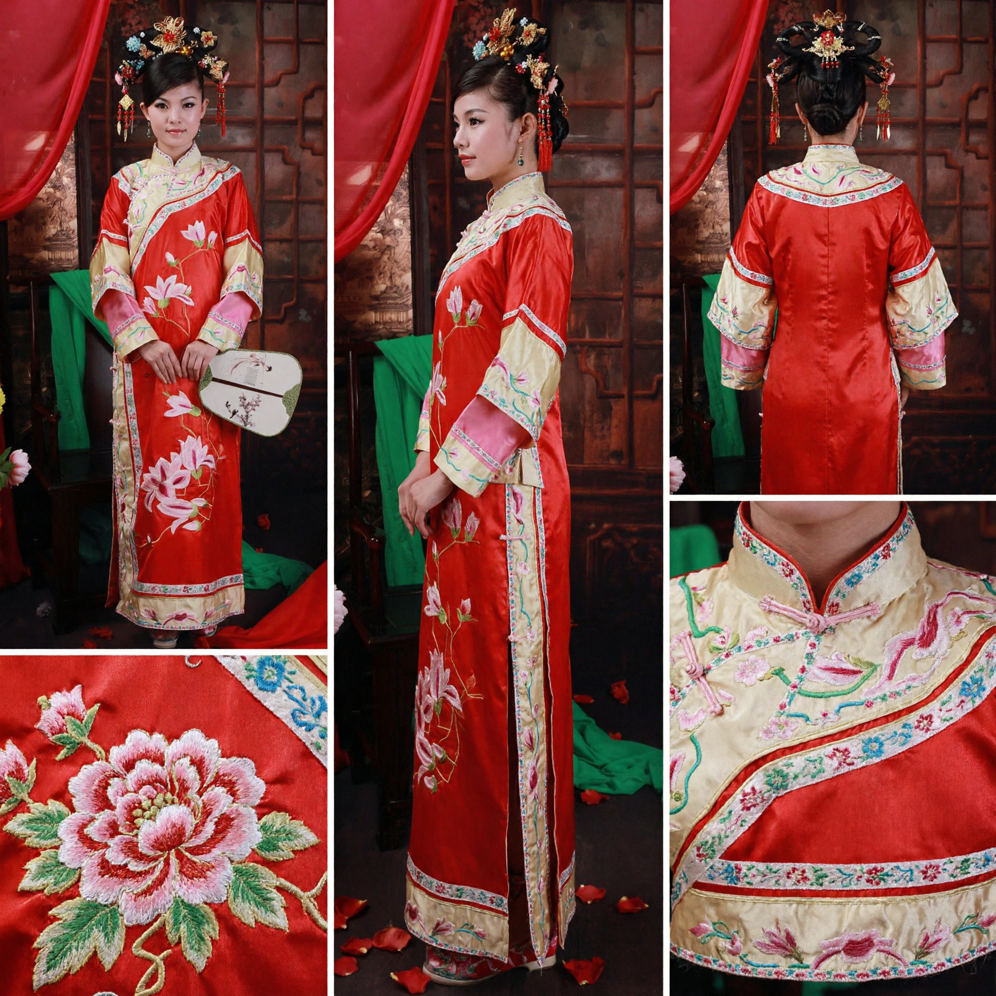 Traditional Chinese Qing Dynasty Manchu Princess Costume Red Embroidered Palace Lady Robe for Women Performance Cosplay