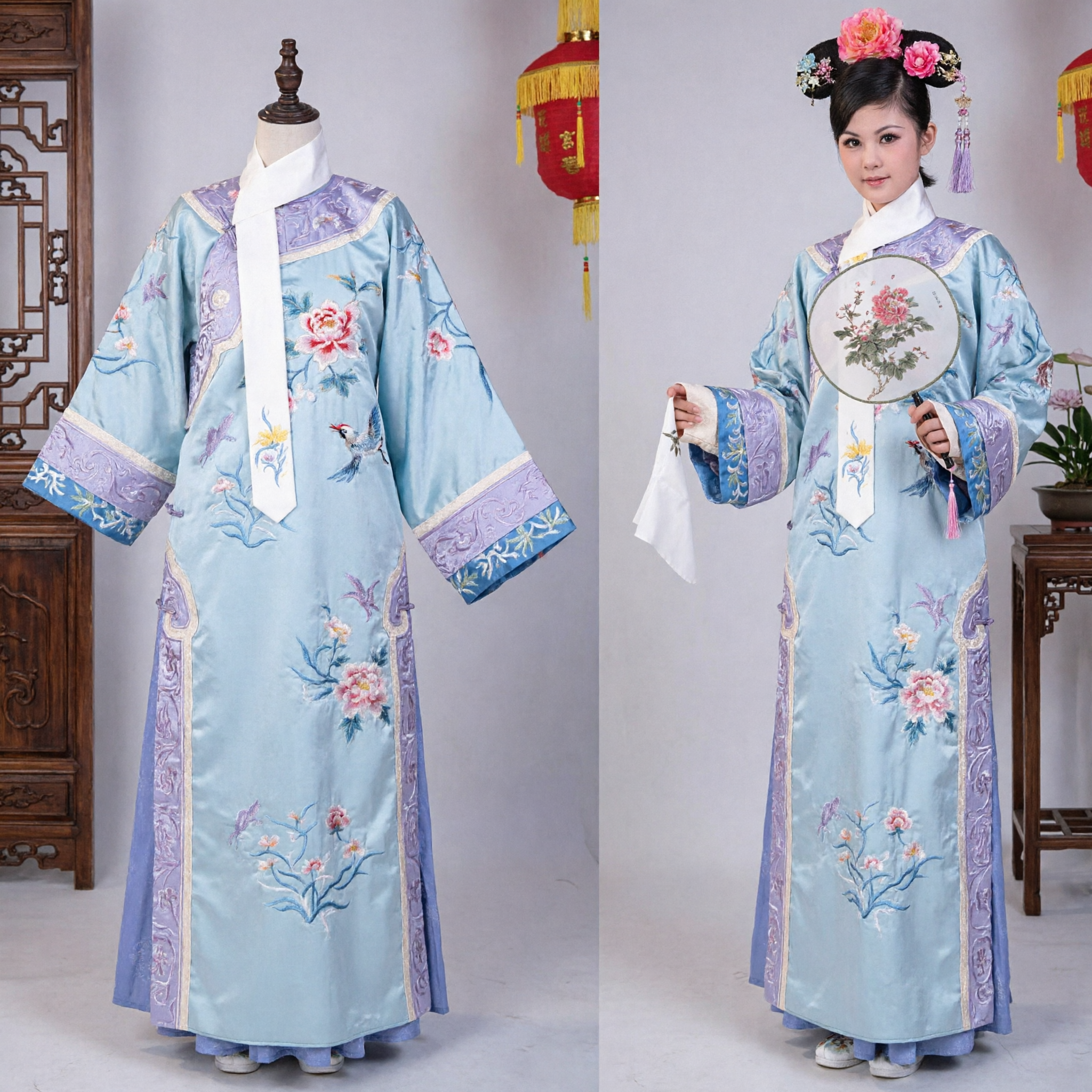 Traditional Chinese Qing Dynasty Palace Lady Costume Blue Embroidered Robe with Headpiece for Stage Performance