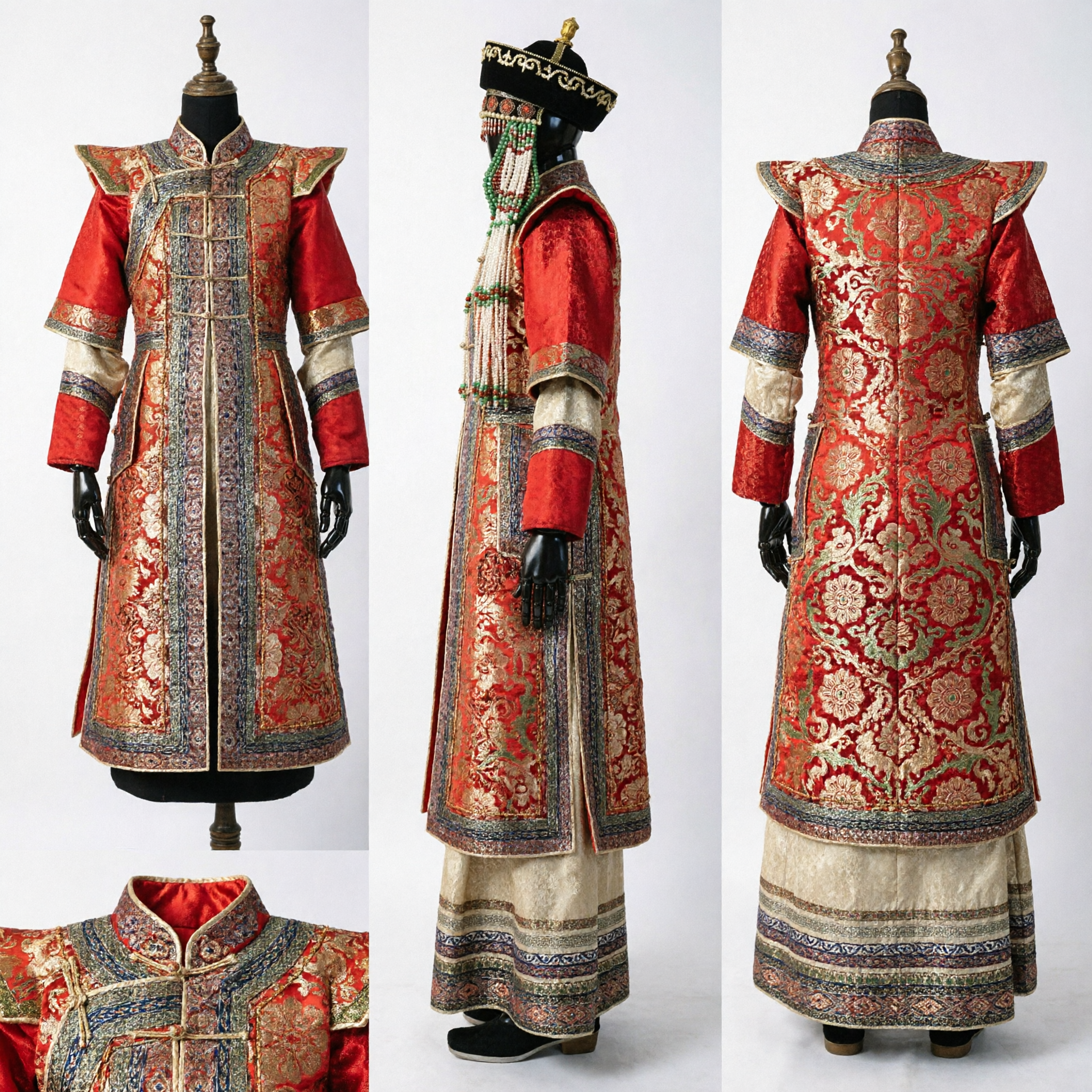 Traditional Mongolian Women's Wedding Costume Red Embroidered Robe with Beaded Headdress Ethnic Minority Ceremony Dress