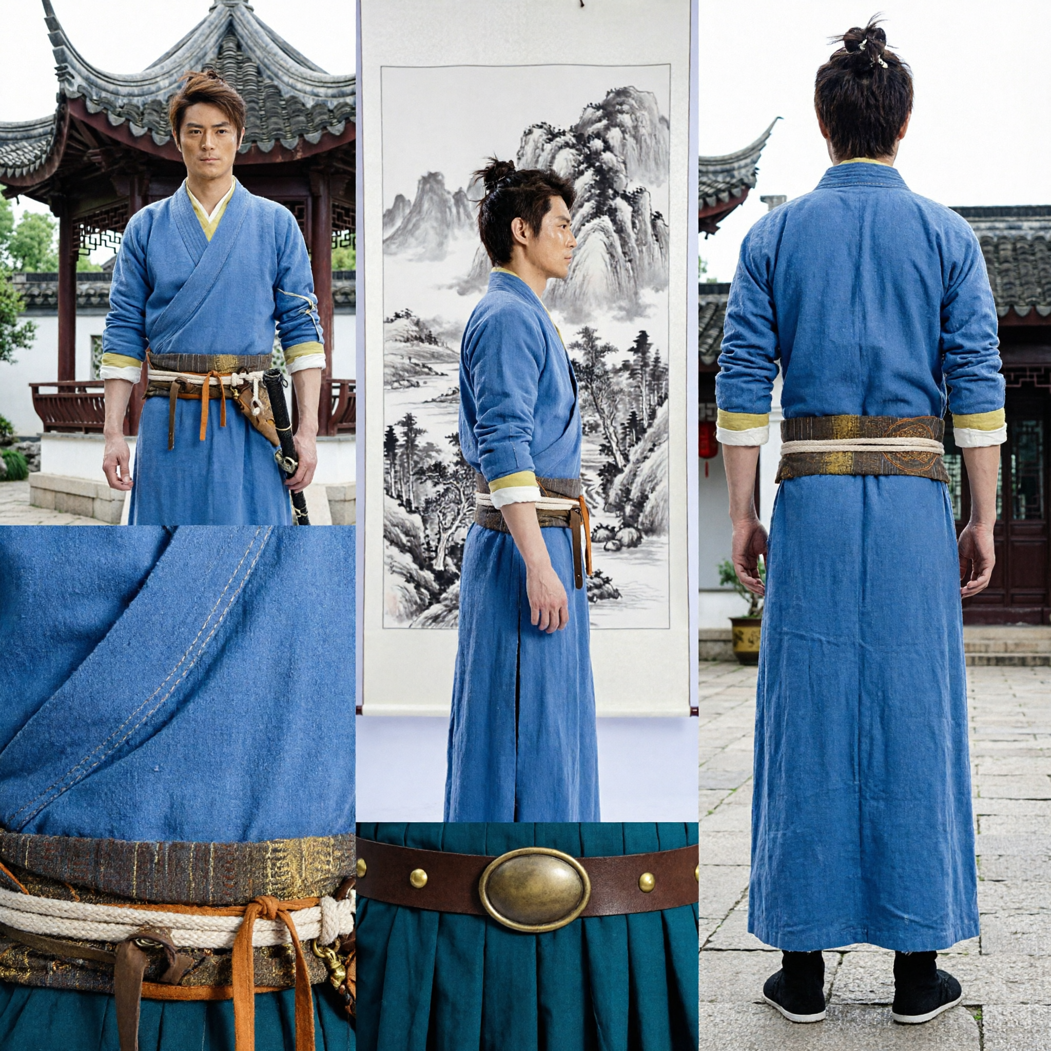 Men's Ancient Chinese Wuxia Swordsman Hanfu Costume Blue Martial Arts Robe for Cosplay and Stage Performance