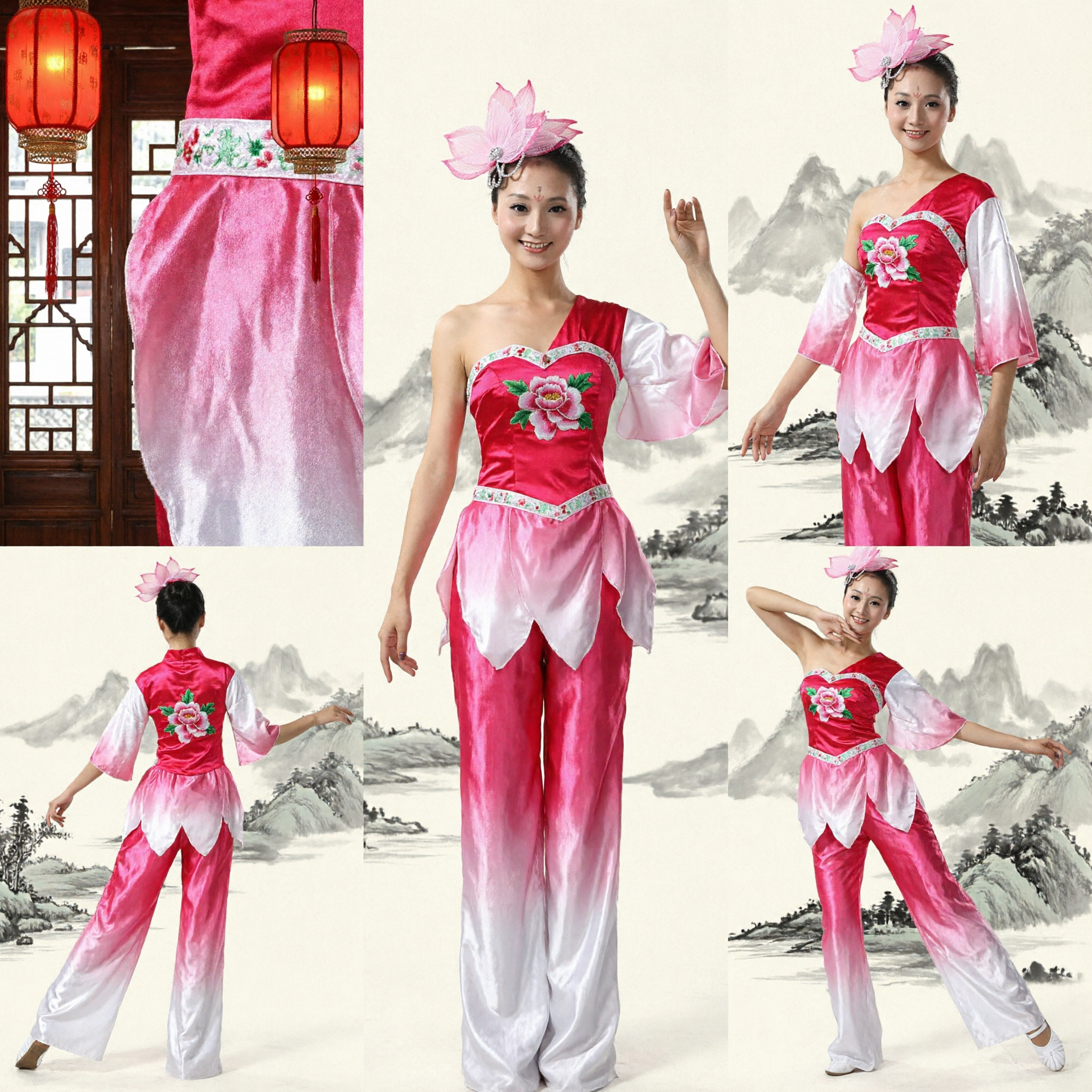 Women's Traditional Chinese Folk Dance Costume Pink Lotus Yangge Stage Performance Outfit Satin Set