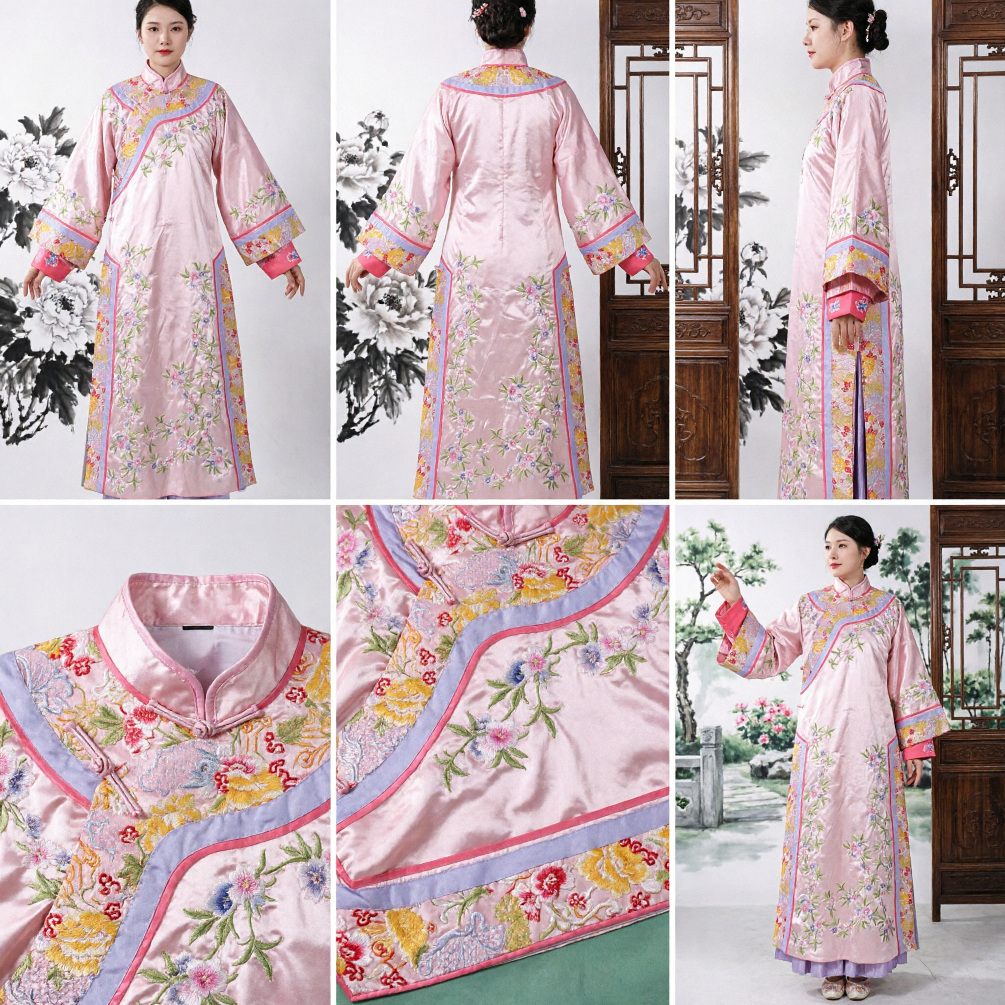 Elegant Pink Traditional Chinese Silk Dress Floral Embroidery Vintage Cheongsam Robe for Wedding Performance