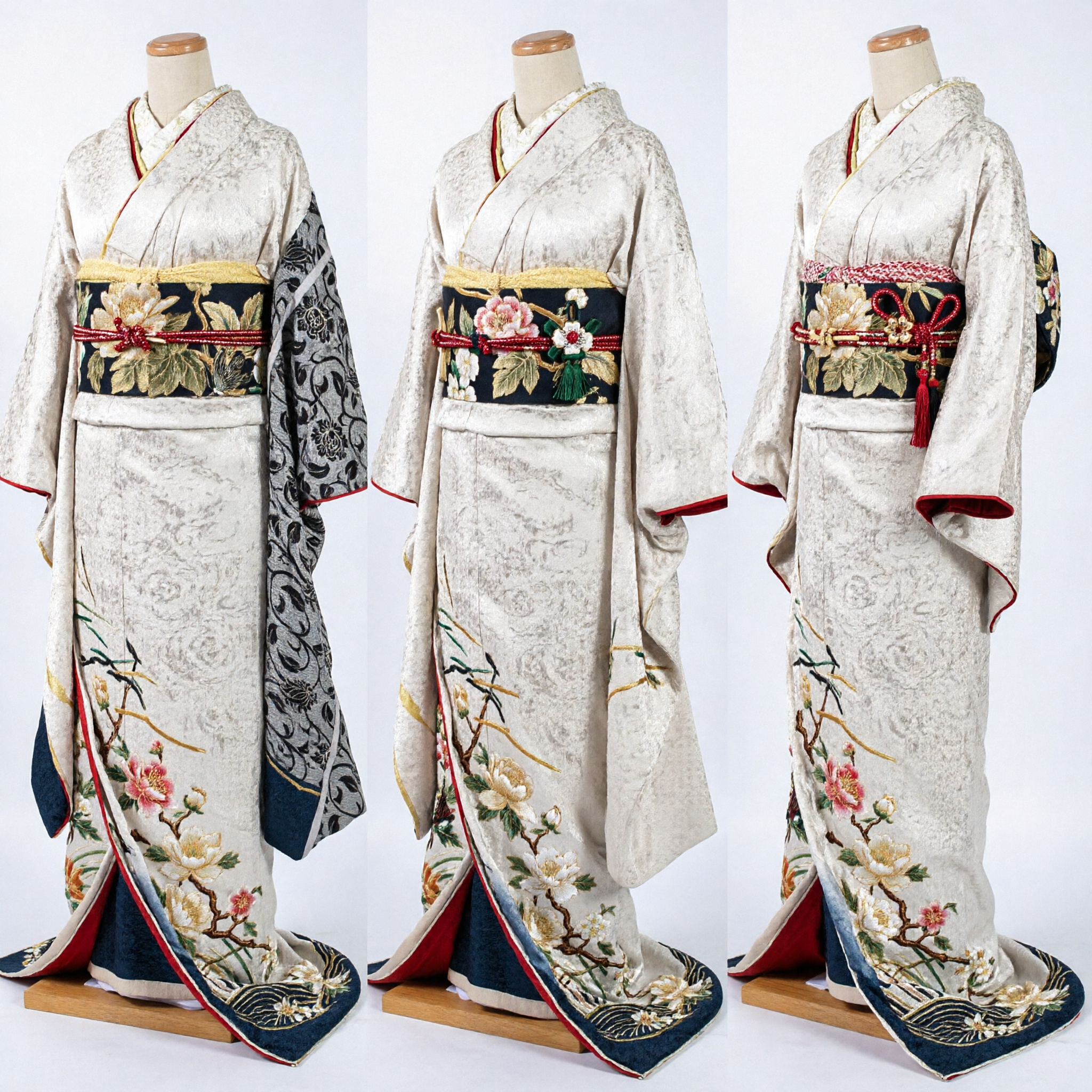 Elegant Traditional Japanese Silver Kimono with Black Floral Brocade Formal Costume for Women Performance Wear