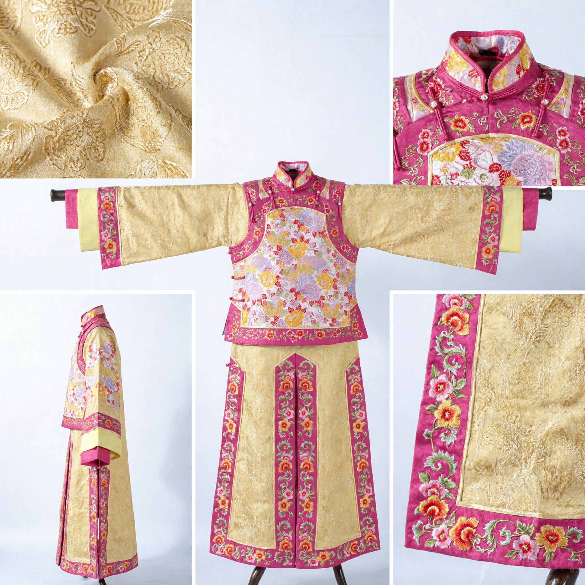 Traditional Chinese Wedding Xiuhe Suit Women Gold Pink Floral Embroidery Ancient Bridal Gown Performance Costume