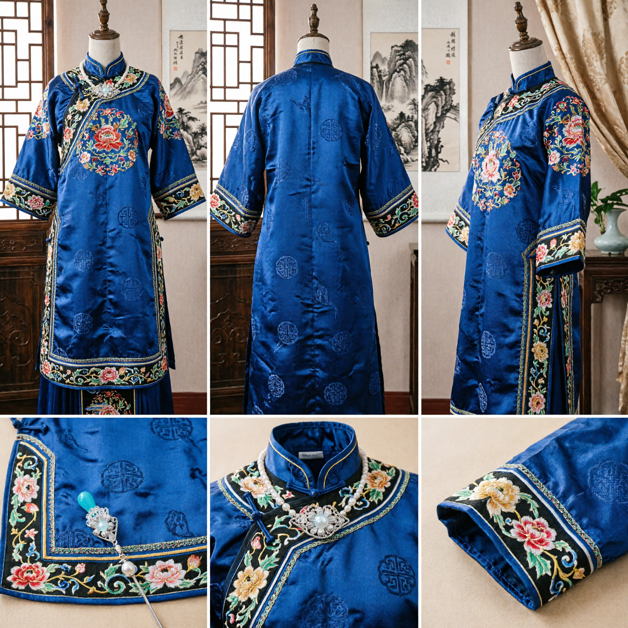 Ancient Style Chinese Hairpin Silver Filigree Flower Hair Stick with Blue Gem for Hanfu Wedding Gift