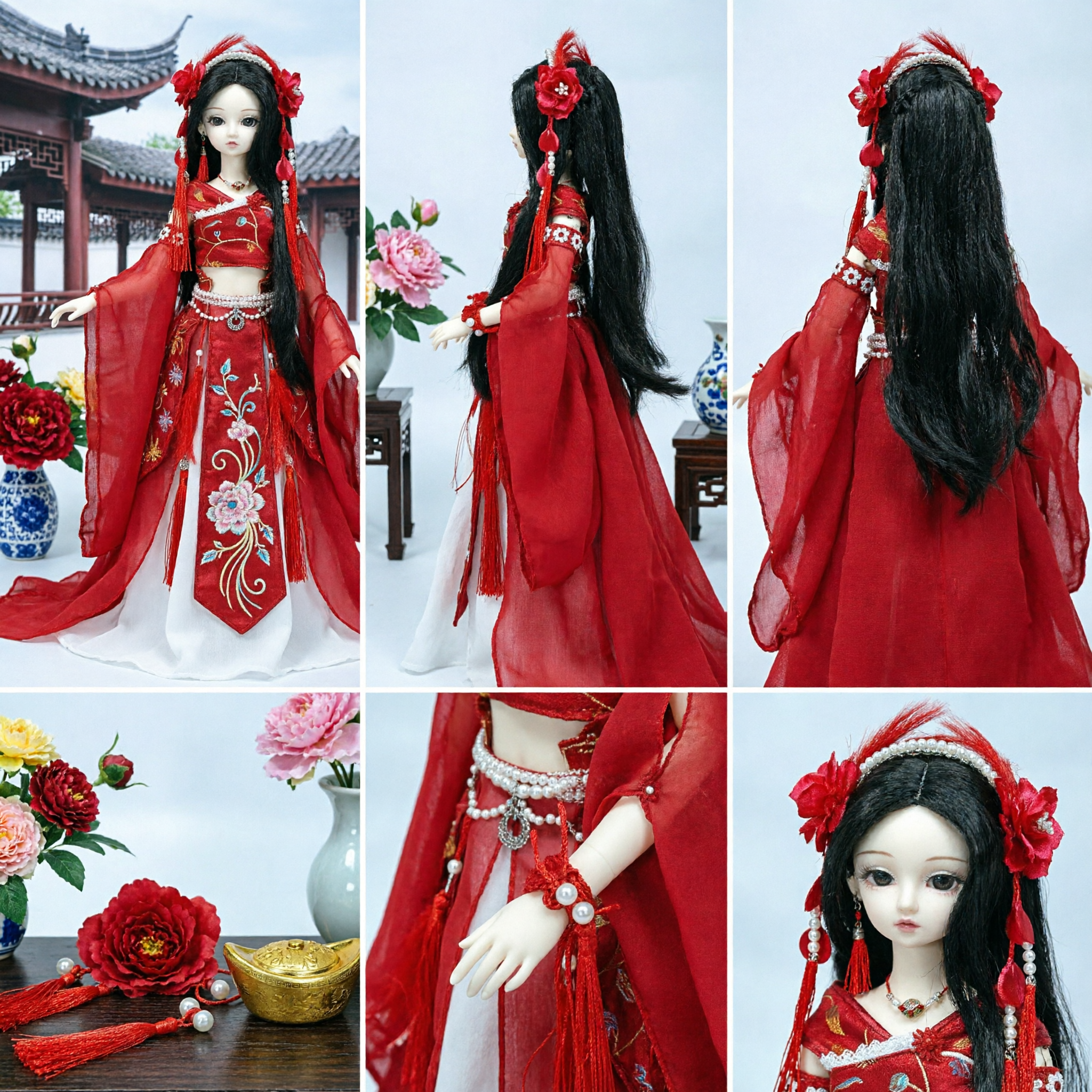 Chinese Traditional Red Wedding Hanfu Dress Ancient Bridal Costume for BJD Doll with Headpiece