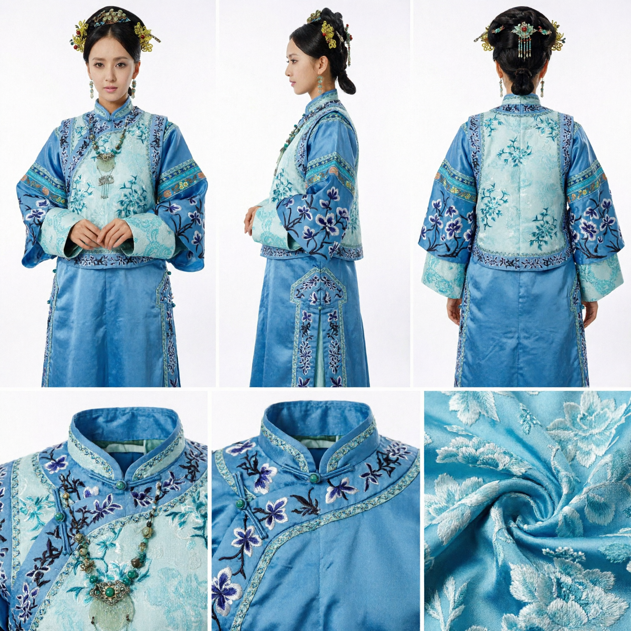 Traditional Chinese Qing Dynasty Blue Floral Embroidered Qizhuang Robe Costume for Women Stage Performance
