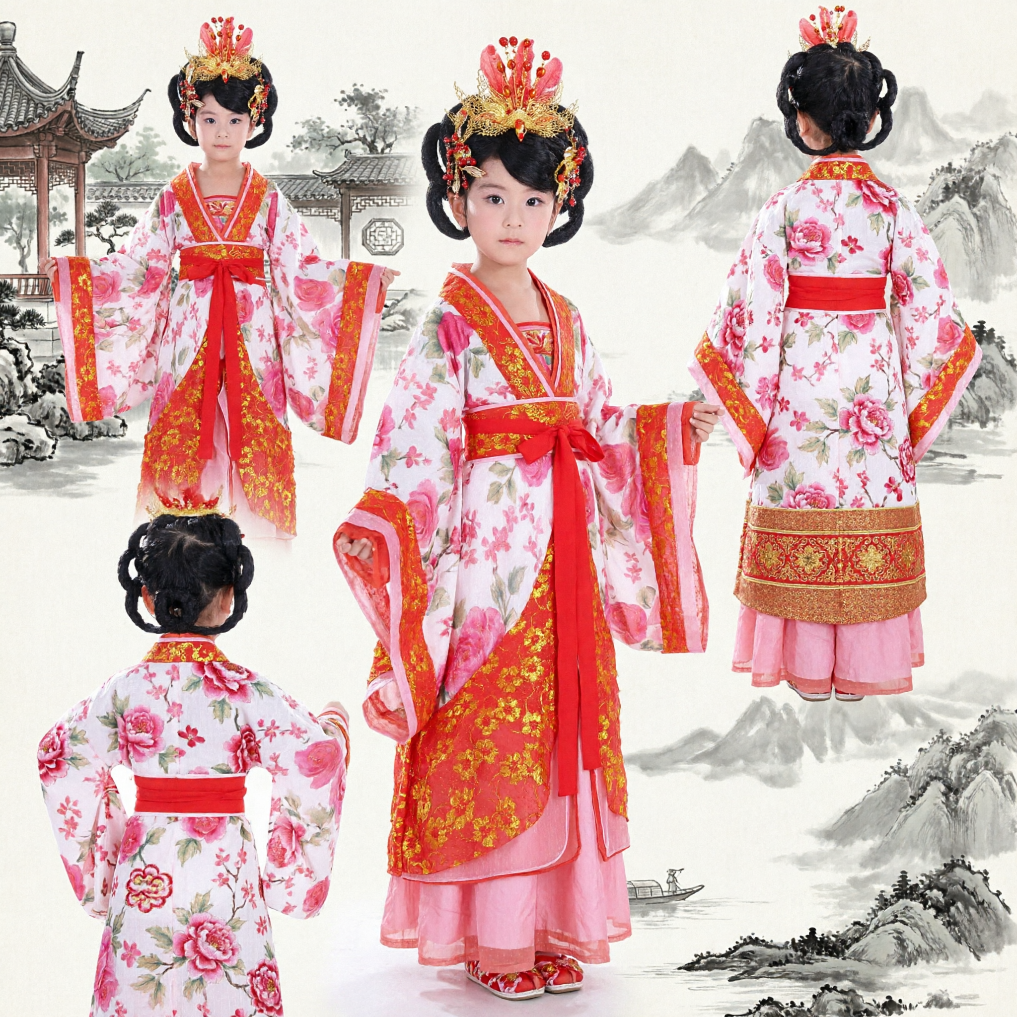 Kids Girls Chinese Traditional Hanfu Costume Tang Dynasty Ancient Princess Dress for Dance Performance Party