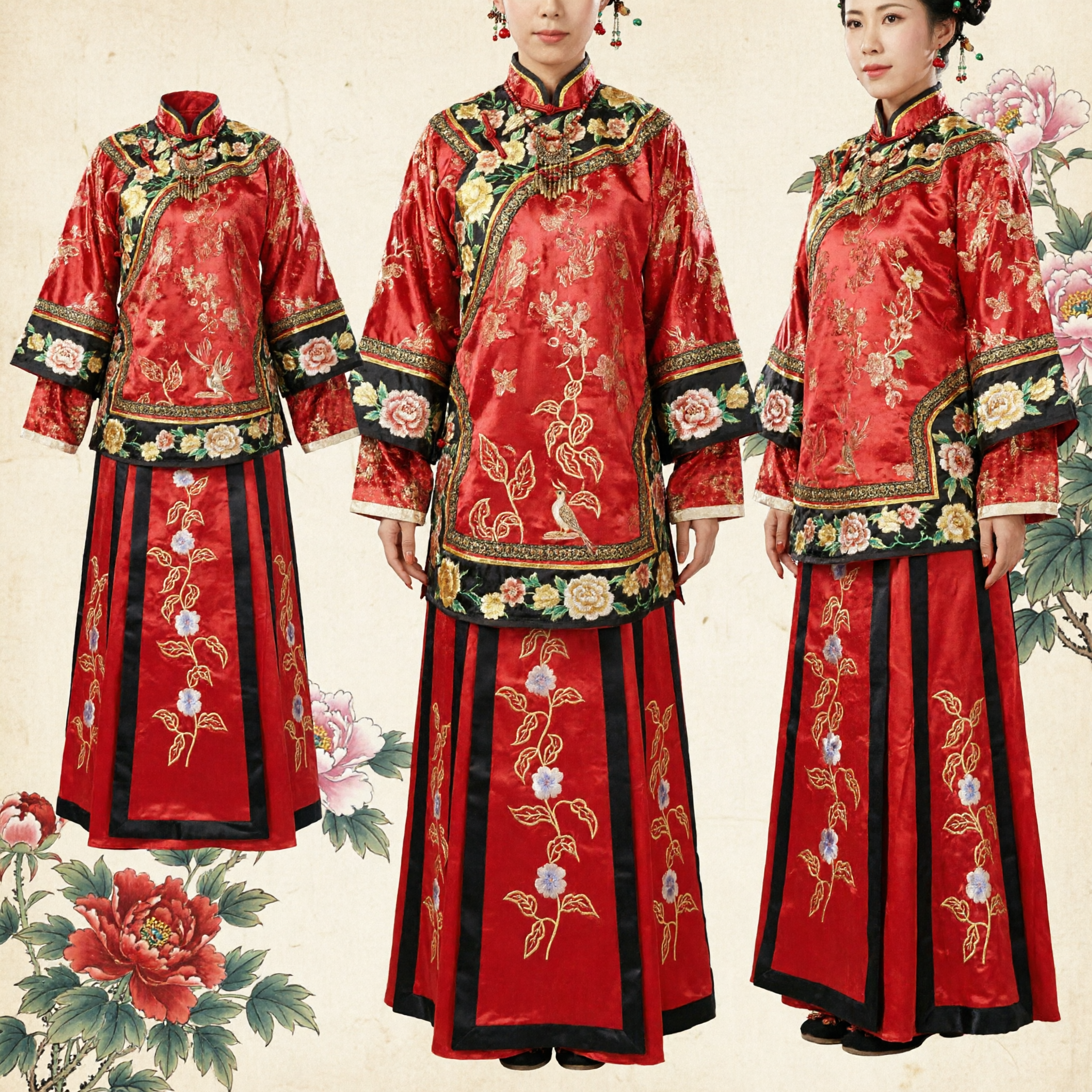 Traditional Chinese Qing Dynasty Red Manchu Princess Costume Embroidered Robe and Skirt Set for Women Cultural Performance
