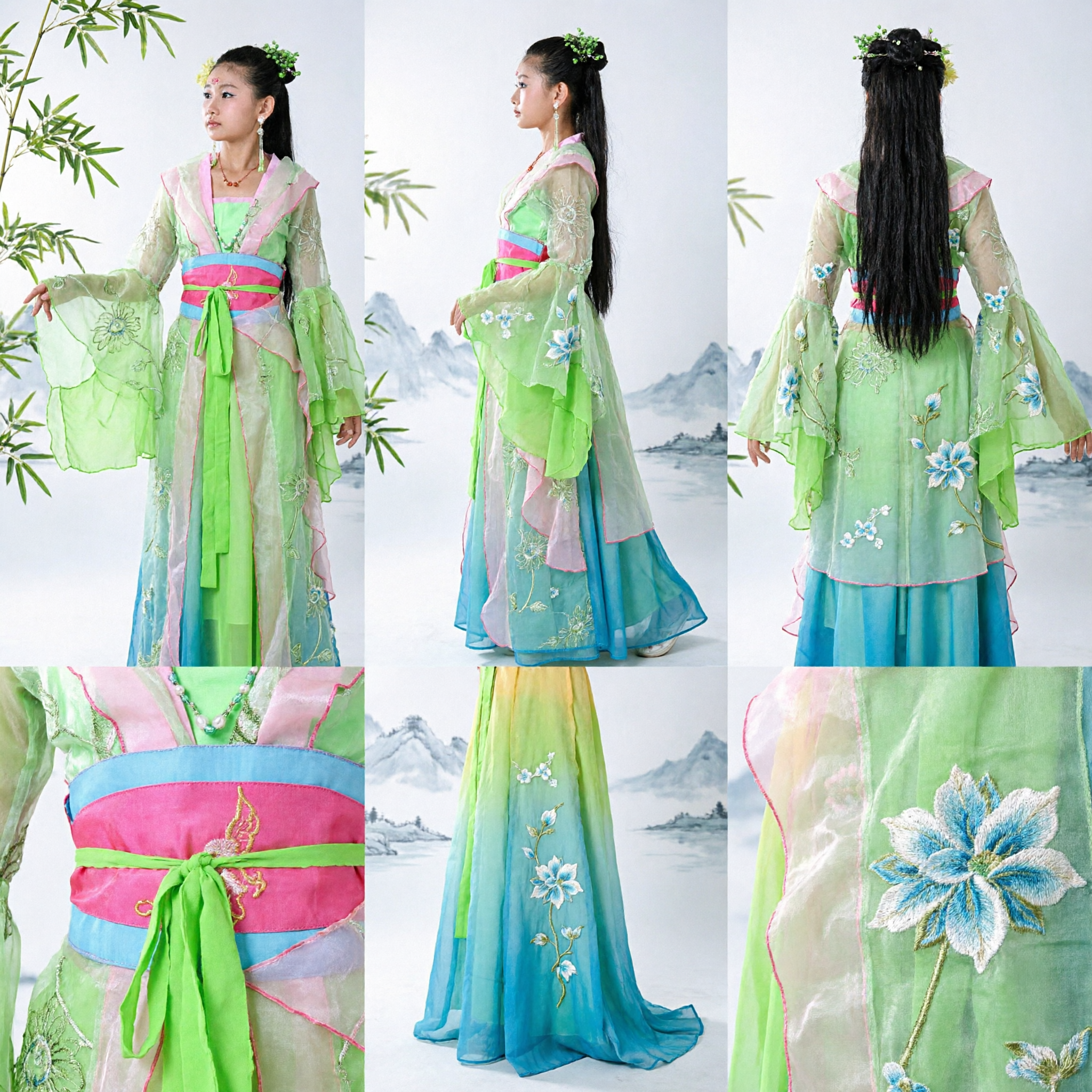 Green Ancient Chinese Fairy Hanfu Costume for Kids Traditional Dance Performance Dress with Sash