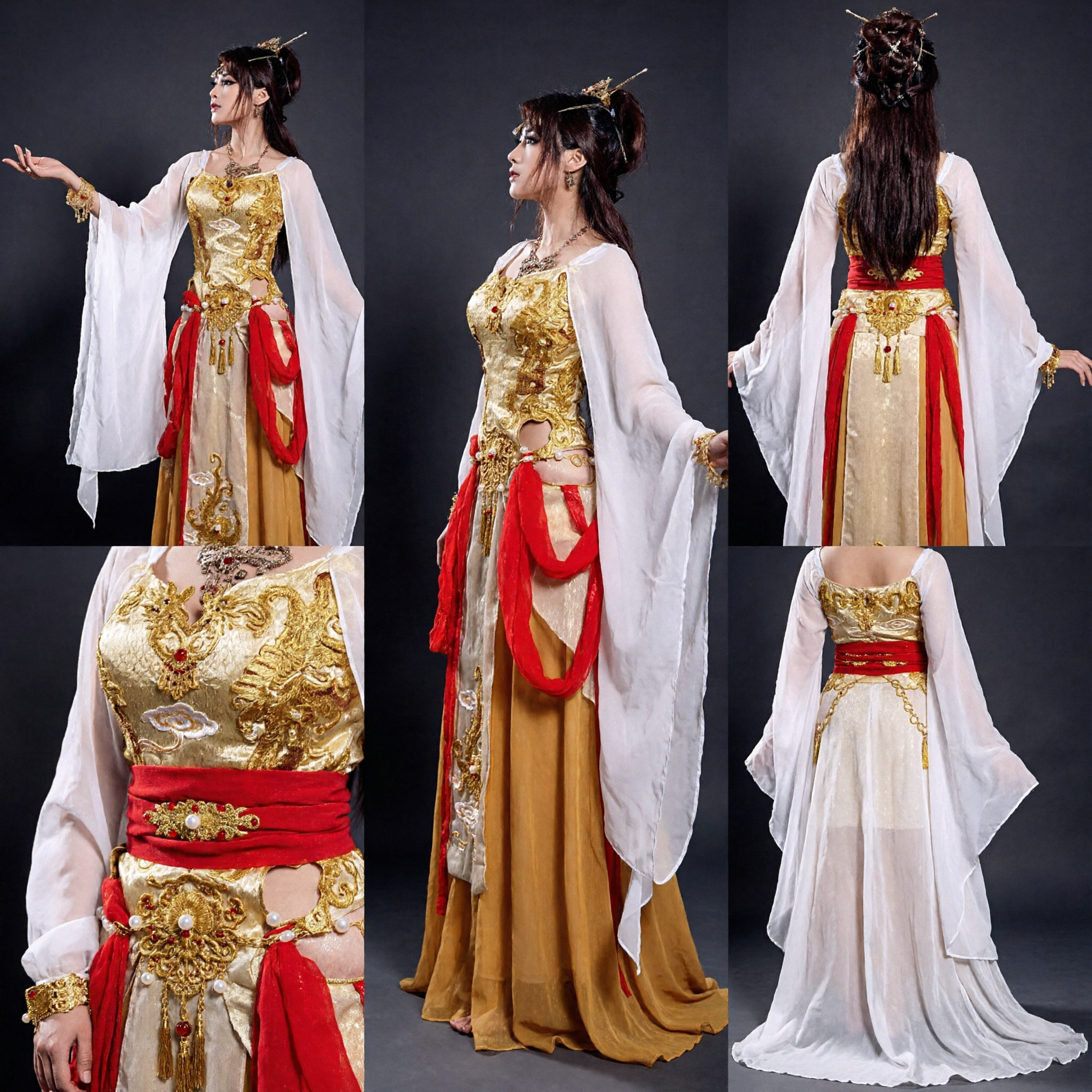 Ancient Chinese Goddess Costume Xianxia Fairy Dress with Gold Bodice for Stage Performance and Cosplay