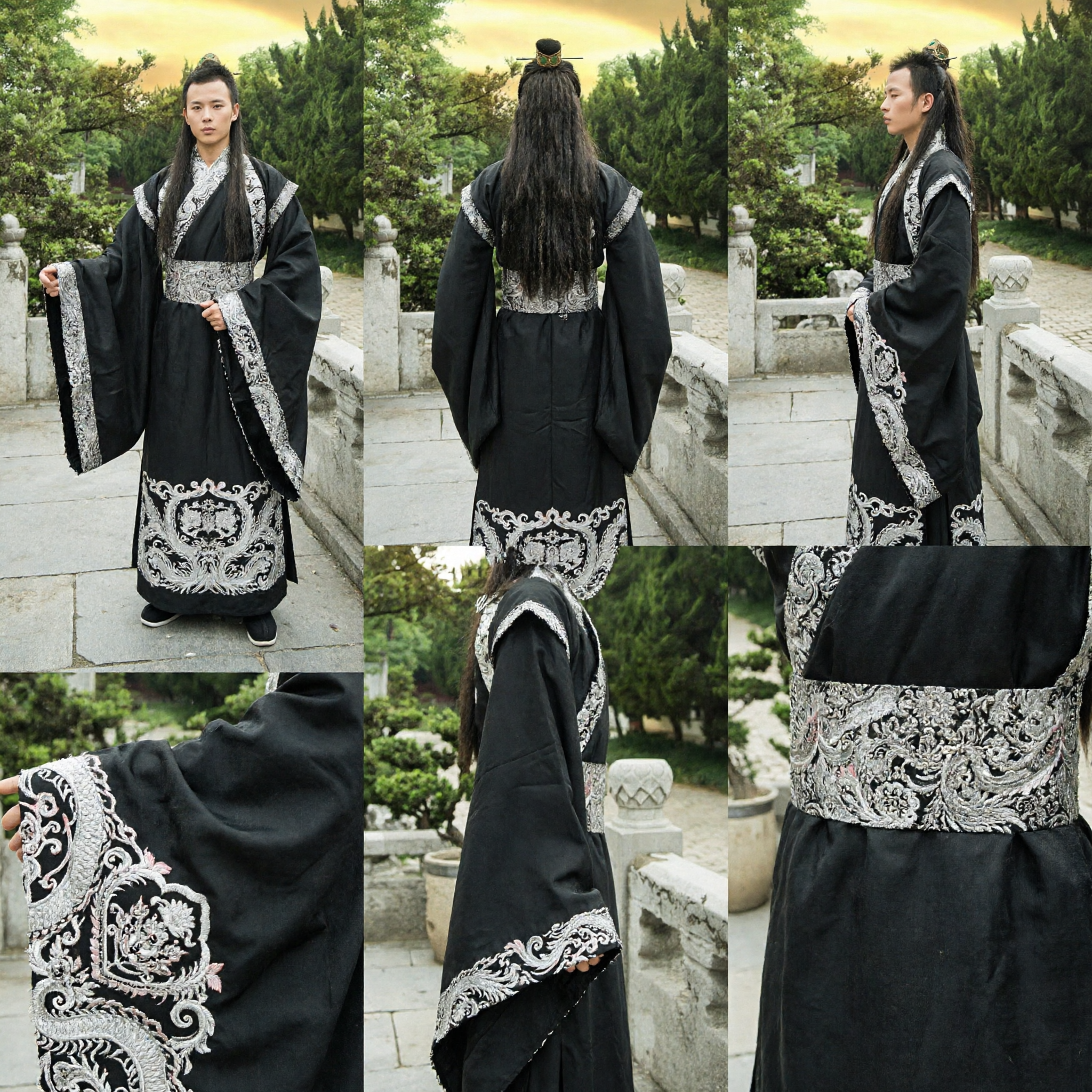 Men's Black Ancient Chinese Hanfu Robe Silver Brocade Wide Sleeve Traditional Costume for Cosplay Performance