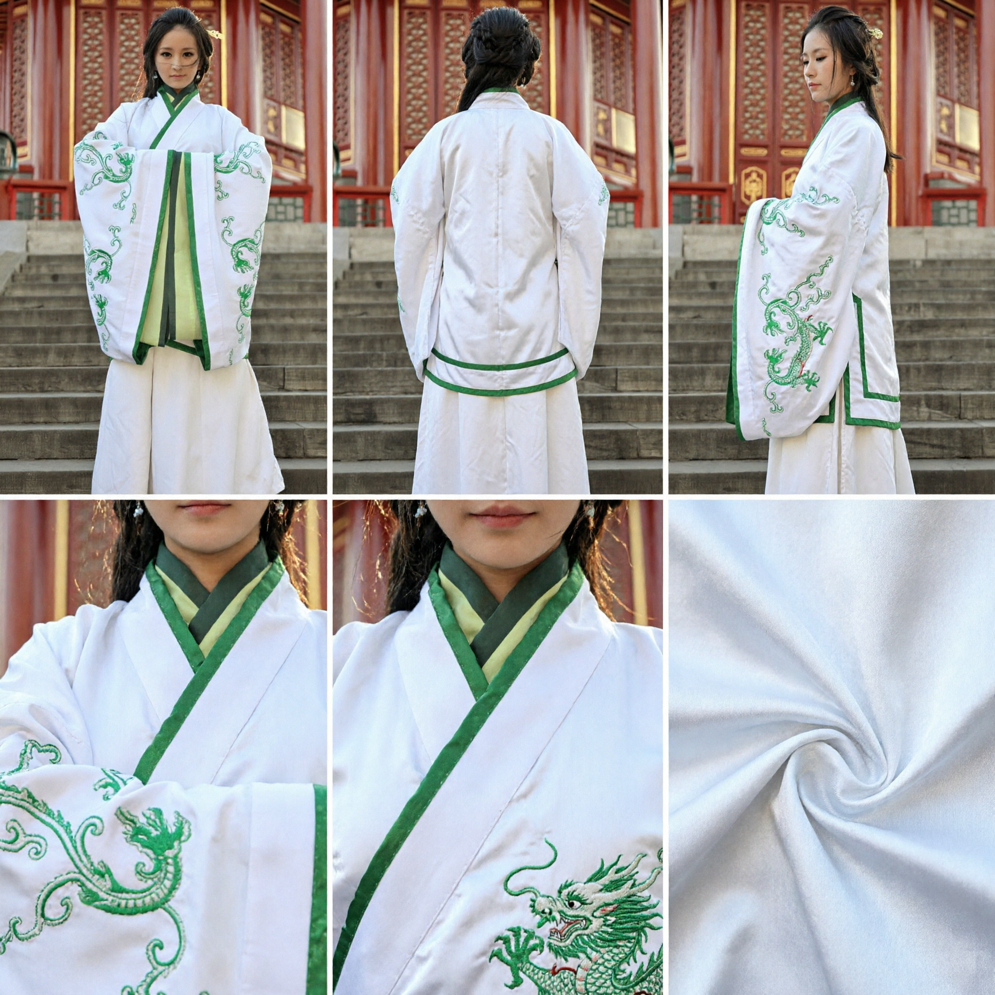 Ancient Chinese Hanfu White Robe with Green Dragon Embroidery Traditional Clothing for Women Cosplay Performance