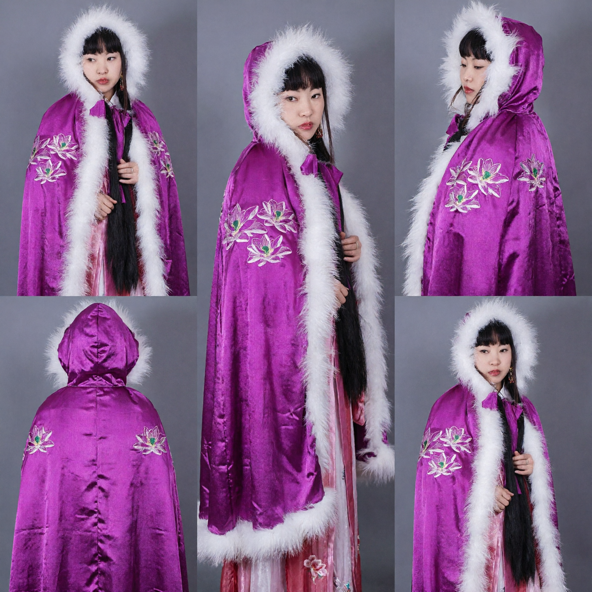 Women's Purple Velvet Hanfu Cloak with White Fur Trim Embroidered Lotus Ancient Chinese Winter Costume Cape