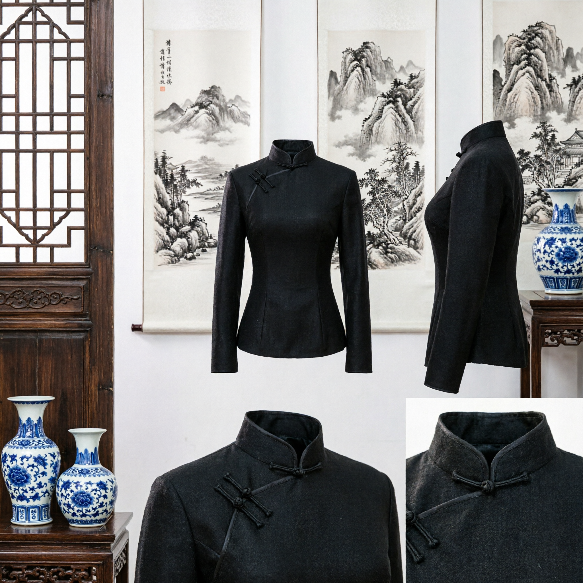 Women's Black Traditional Chinese Tang Suit Top Mandarin Collar Frog Button Blouse for Kung Fu