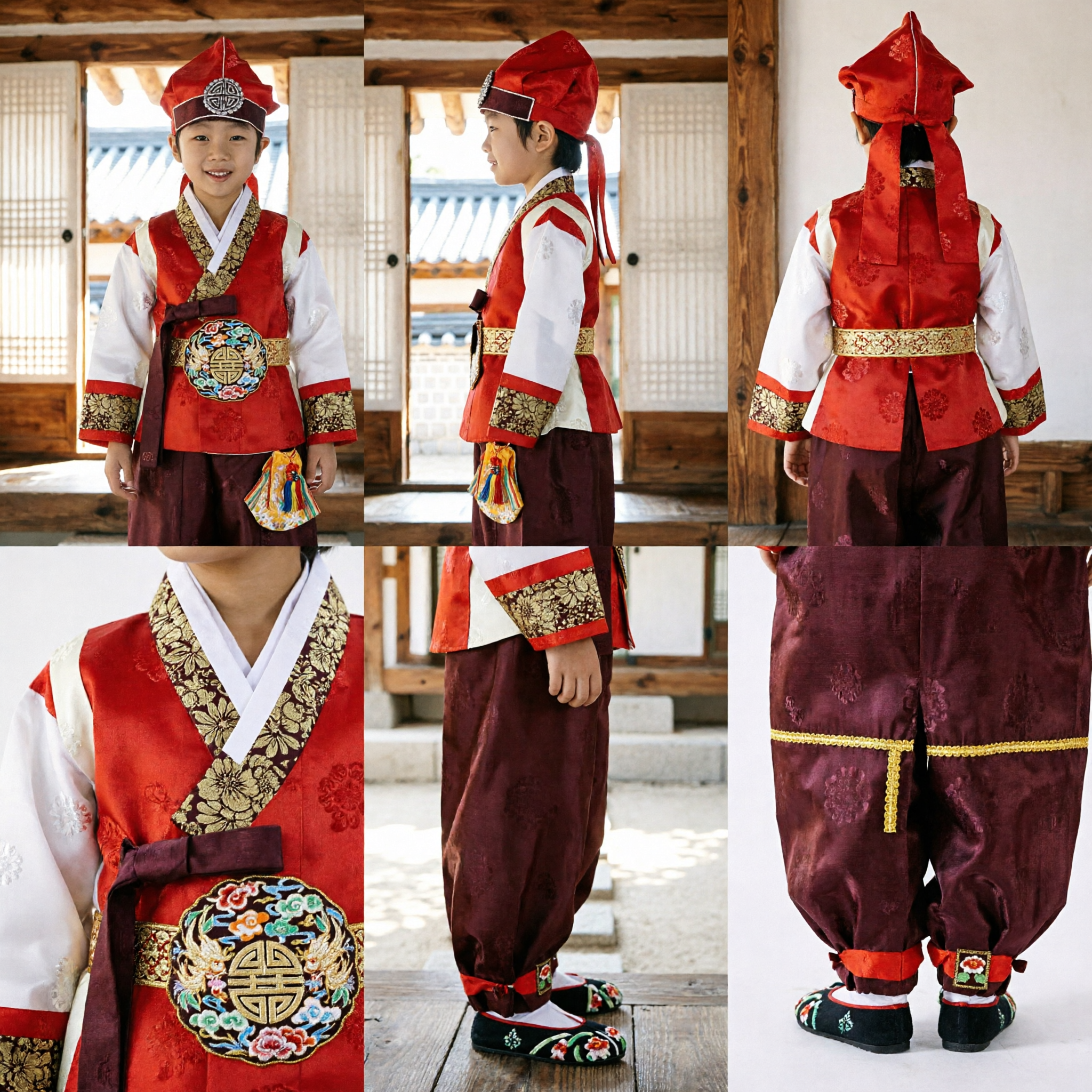 Boys Traditional Korean Hanbok Set Red Vest and Maroon Pants for Doljanchi Birthday or Wedding