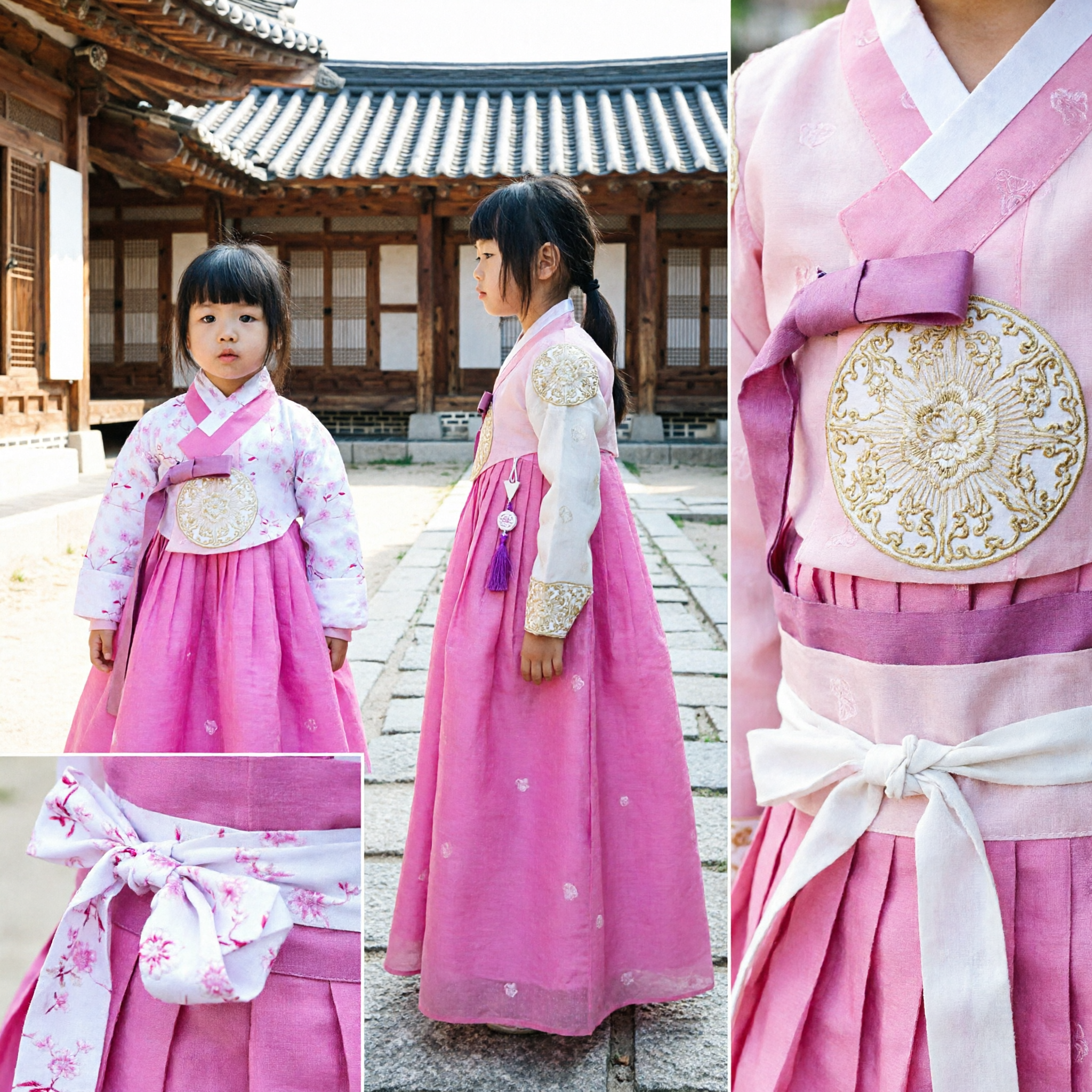Kids Girls Traditional Korean Hanbok Pink Floral Dress Set for Wedding Birthday Party Costume