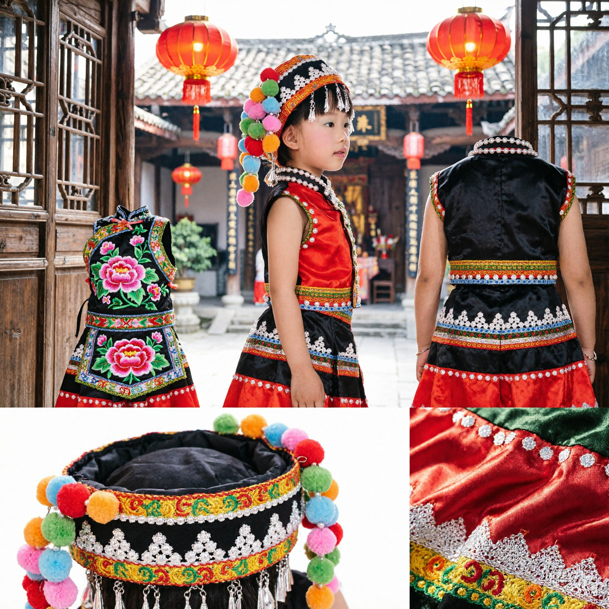Traditional Chinese Lahu Ethnic Costume Kids Folk Dance Dress Stage Performance Outfit for Children Girls Festival