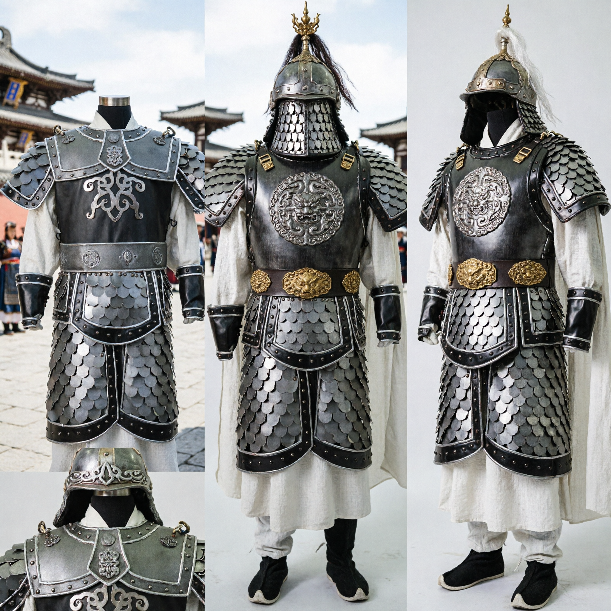 Complete Ancient Chinese General Warrior Armor Set with Helmet and Scale Mail for Cosplay and Performance