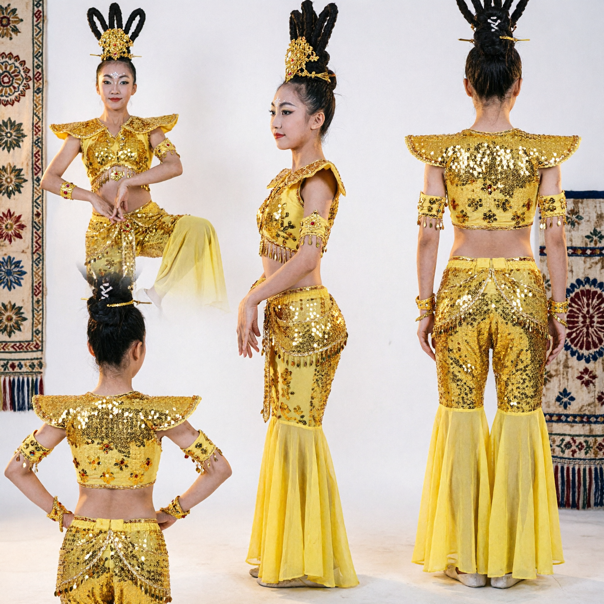 Women's Traditional Chinese Yellow Folk Dance Costume Set with Sequined Top and Headdress for Stage Performance