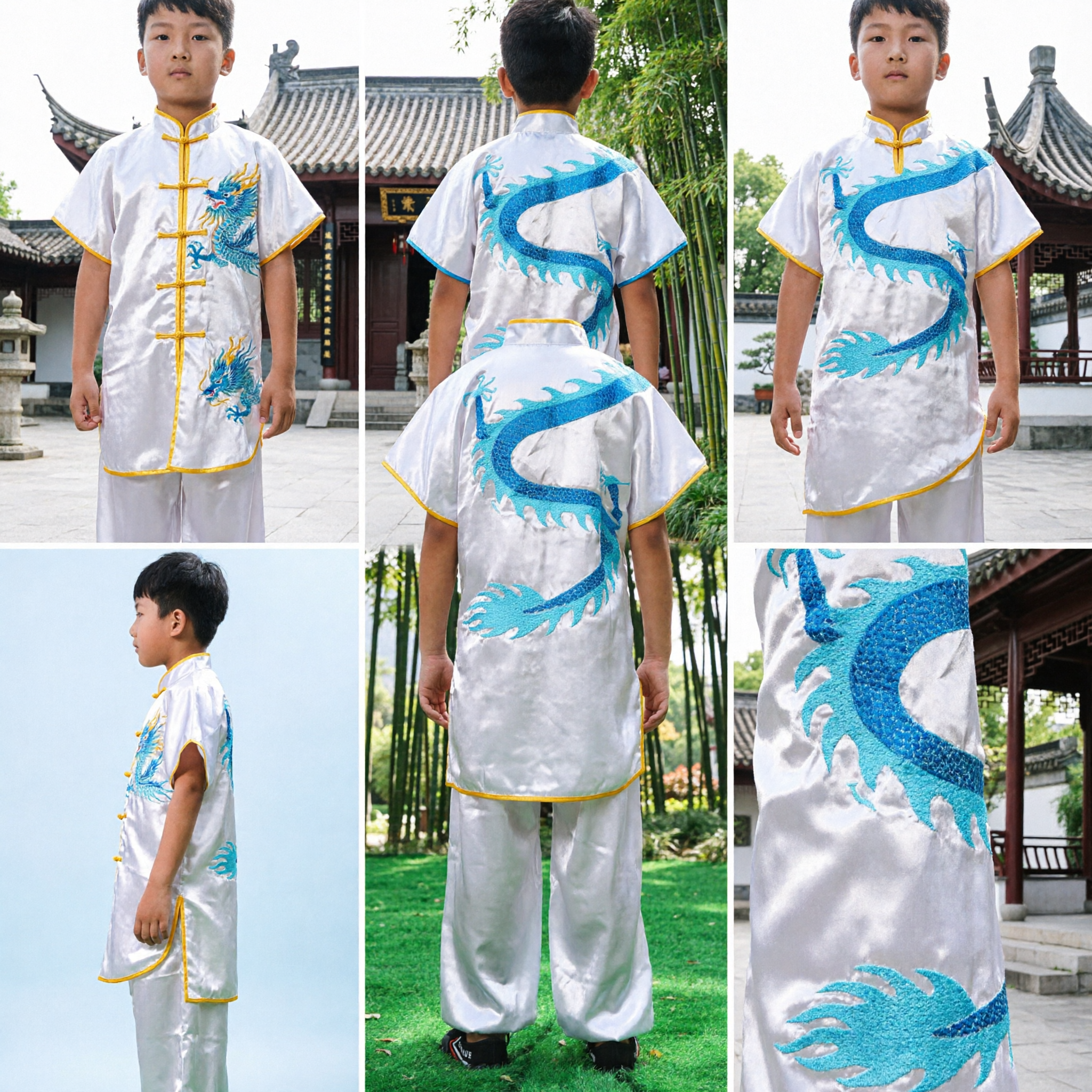 Boys White Kung Fu Uniform Blue Dragon Embroidery Traditional Chinese Martial Arts Tai Chi Suit