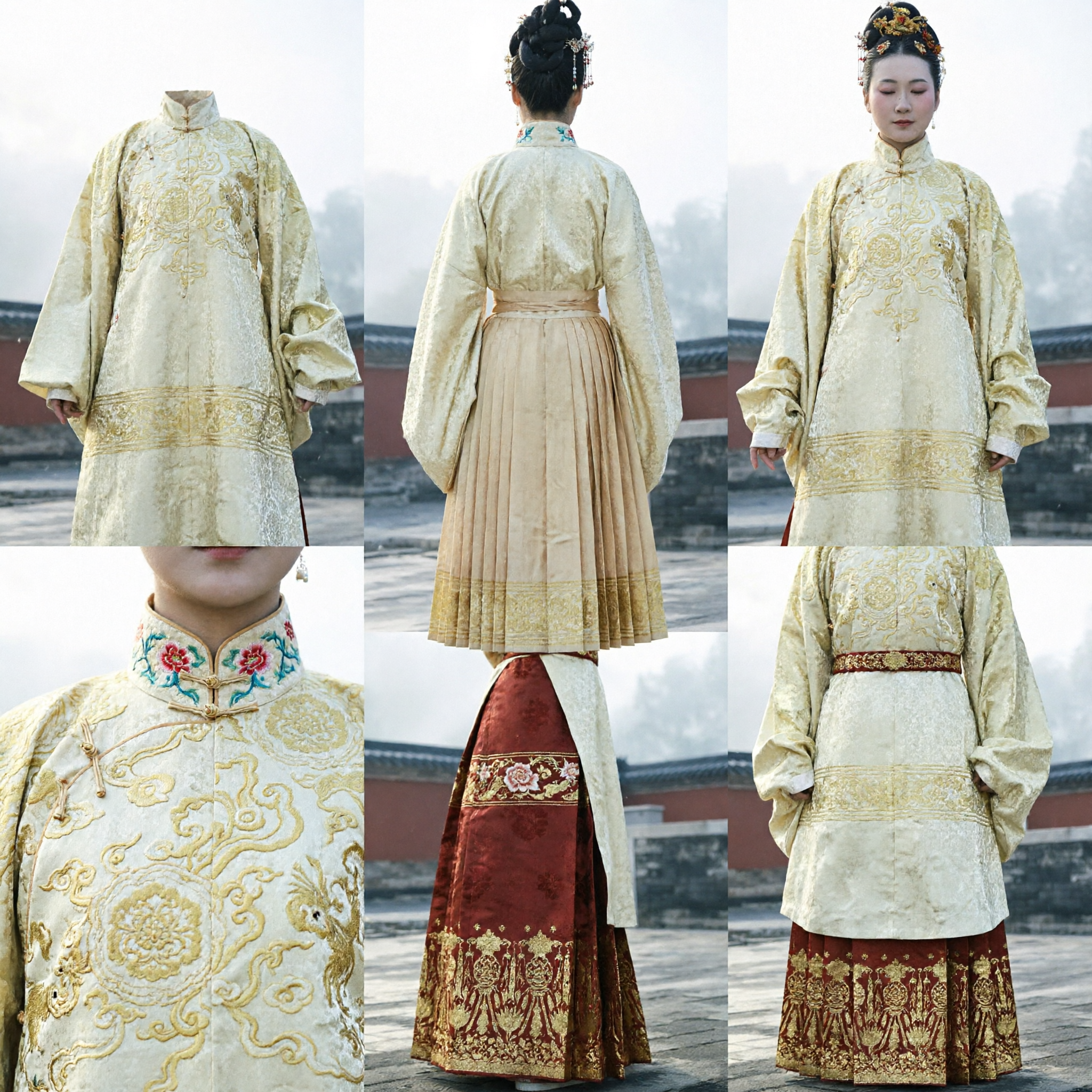 Elegant Ming Dynasty Hanfu Costume for Women Cream Gold Pifeng Coat and Embroidered Horse Face Skirt Set