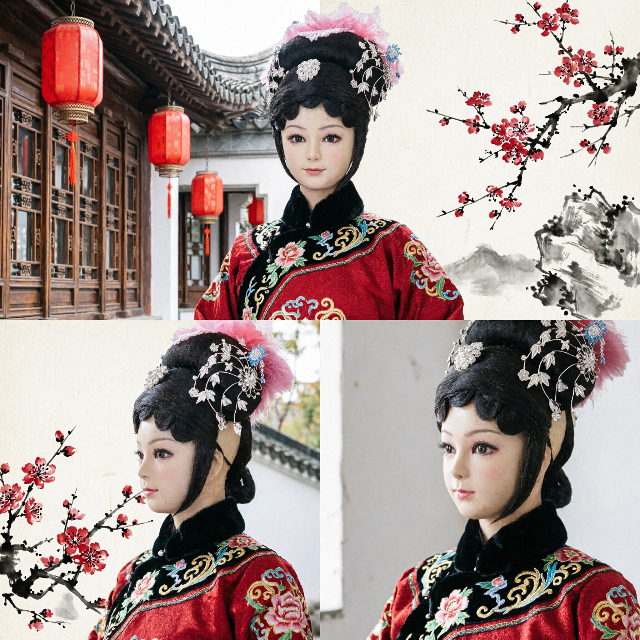Traditional Chinese Qing Dynasty Princess Wig Headwear with Pink Feathers and Silver Flowers for Peking Opera Cosplay