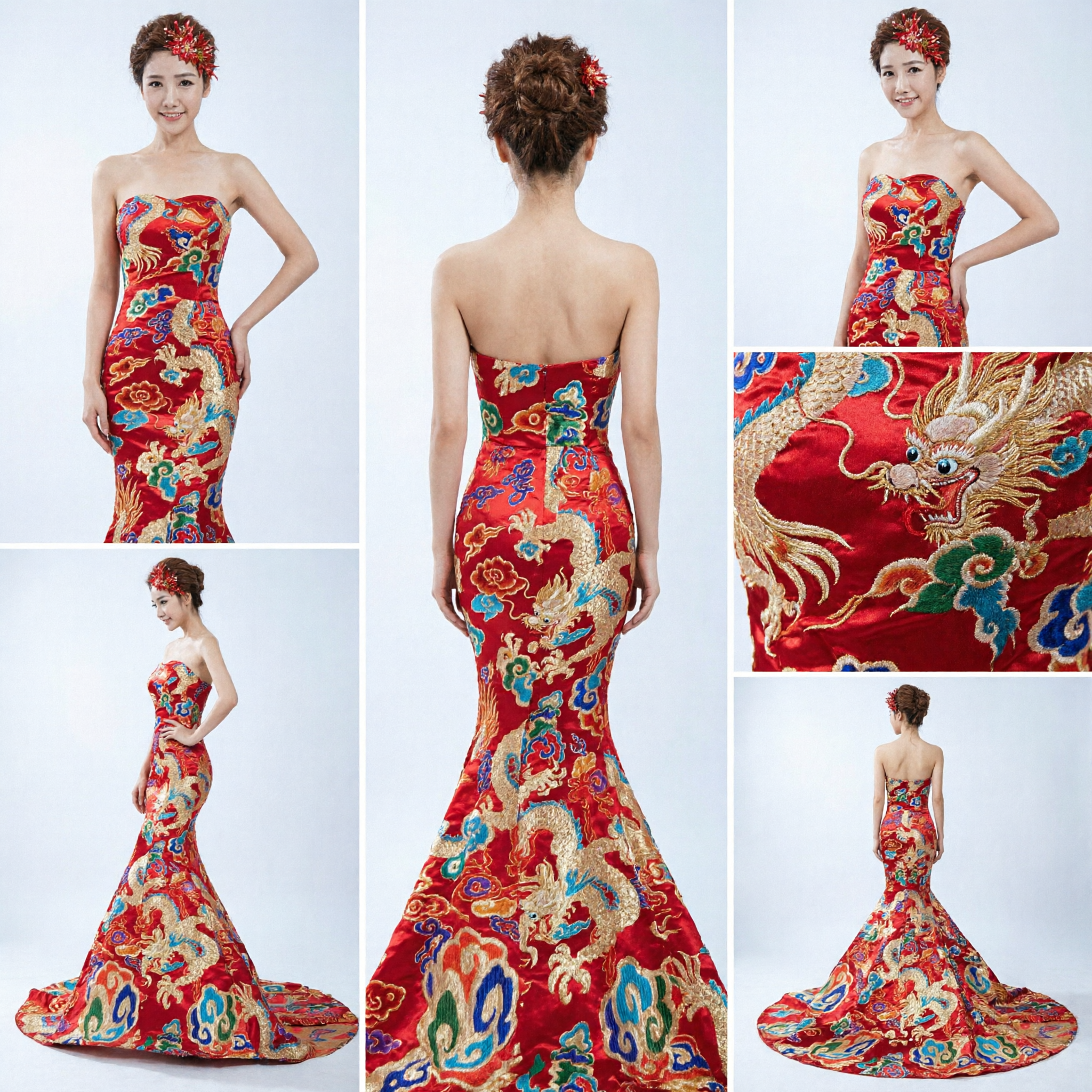 Elegant Red Chinese Wedding Dress Mermaid Gown with Gold Dragon Phoenix Embroidery for Bride