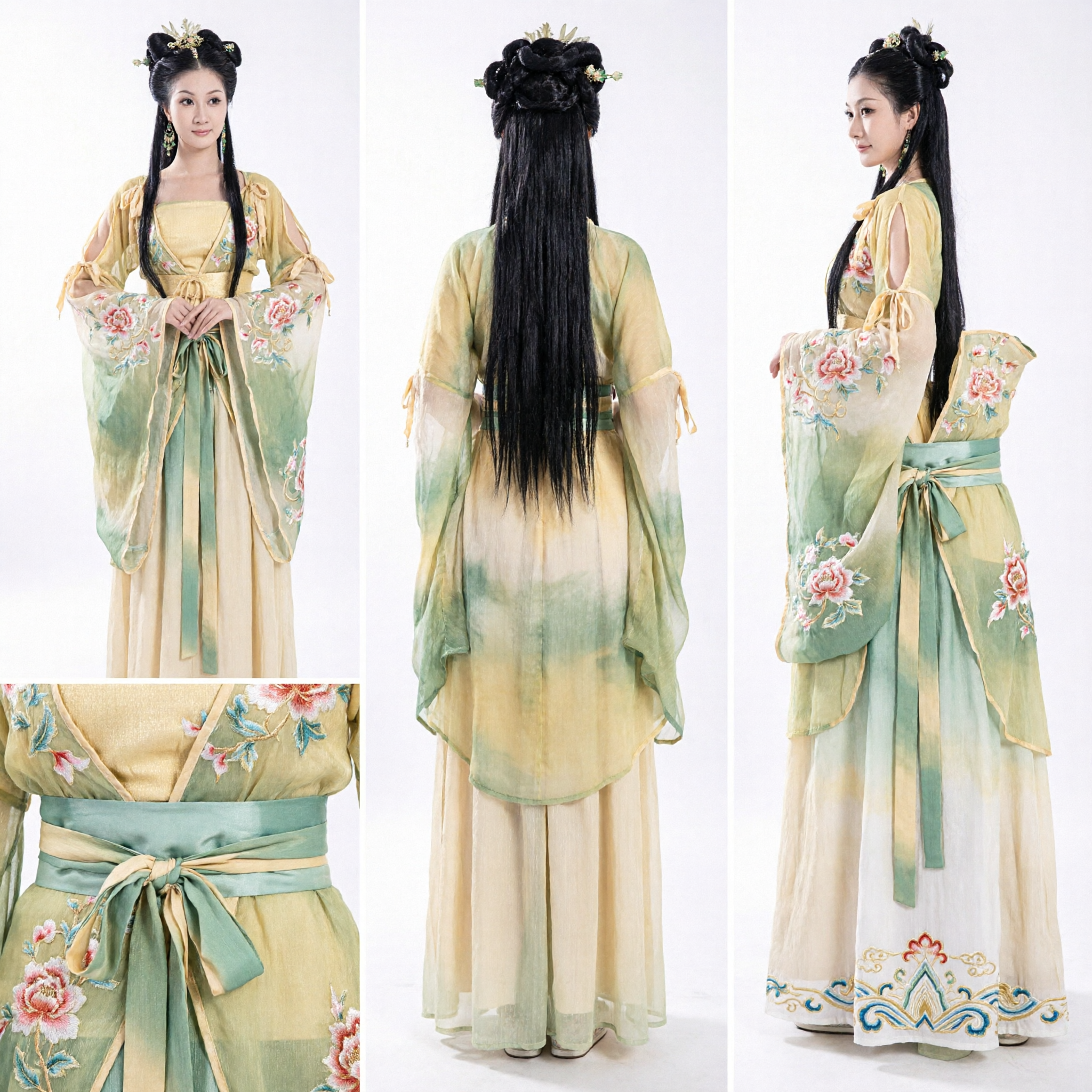 Ancient Chinese Lotus Fairy Costume Yellow Green Hanfu Tang Dynasty Dress for Women Stage Performance