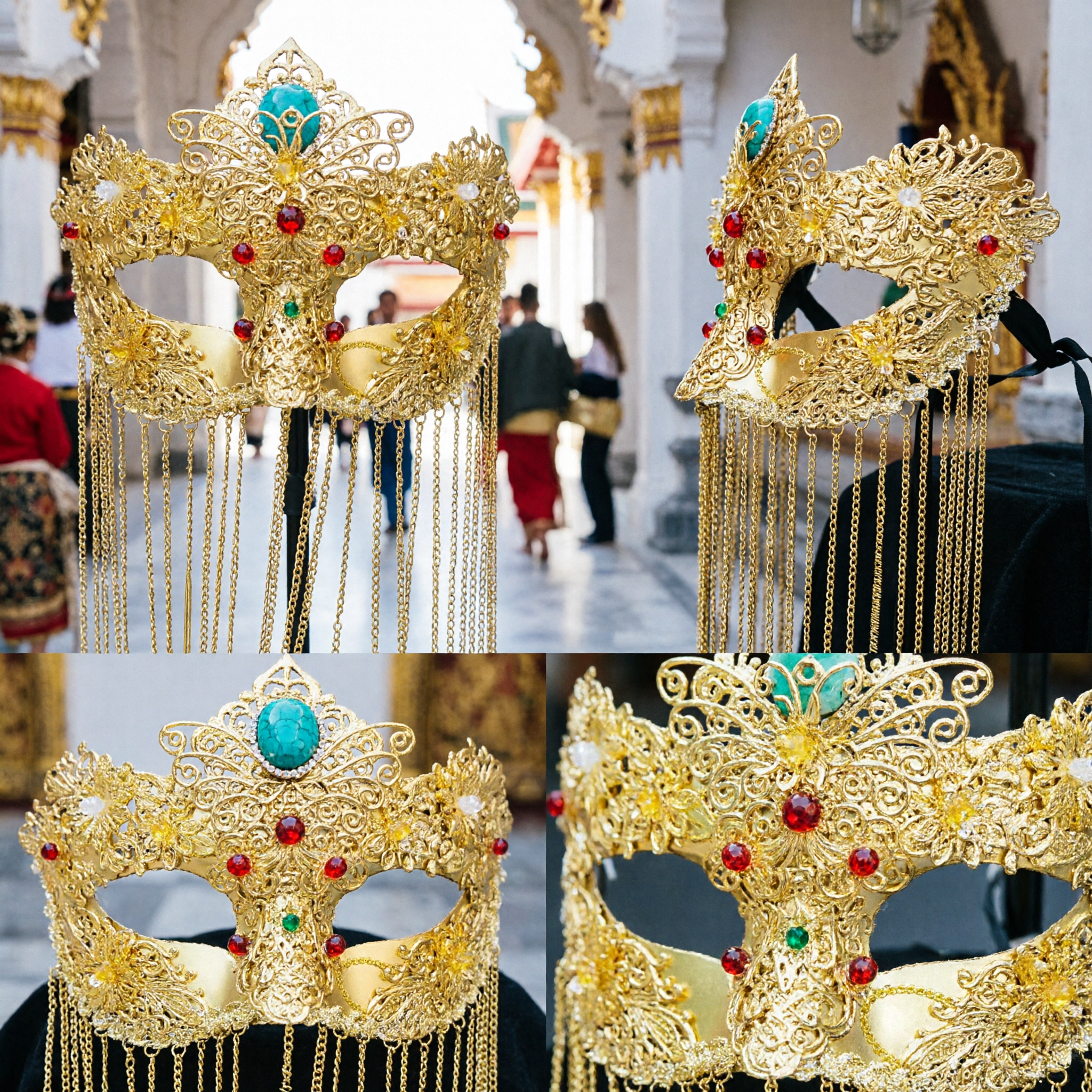 Gold Chinese Style Filigree Masquerade Mask with Long Tassels and Gems for Women Costume Party