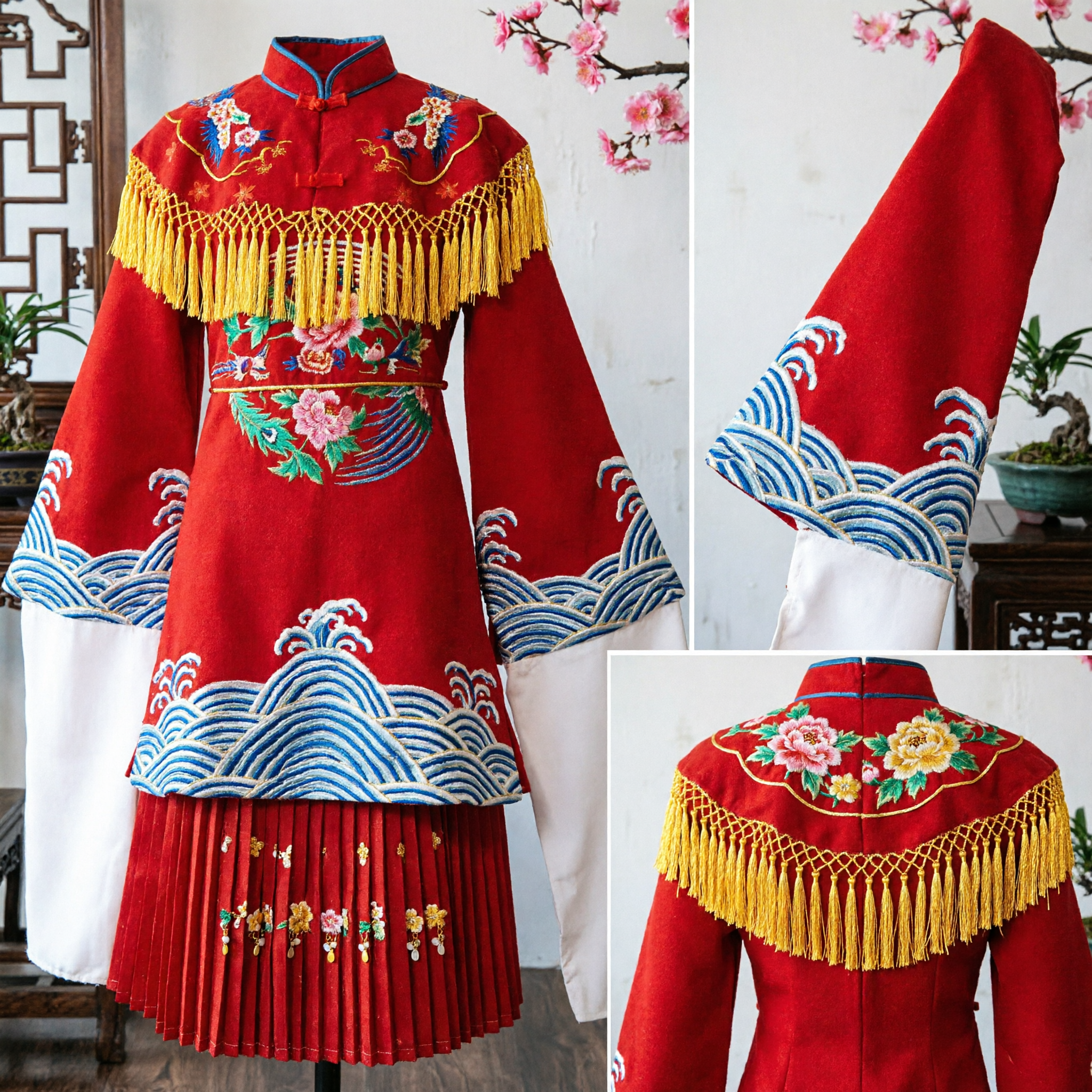 Traditional Chinese Peking Opera Red Embroidered Costume with Water Sleeves and Tassels for Kids Stage Performance
