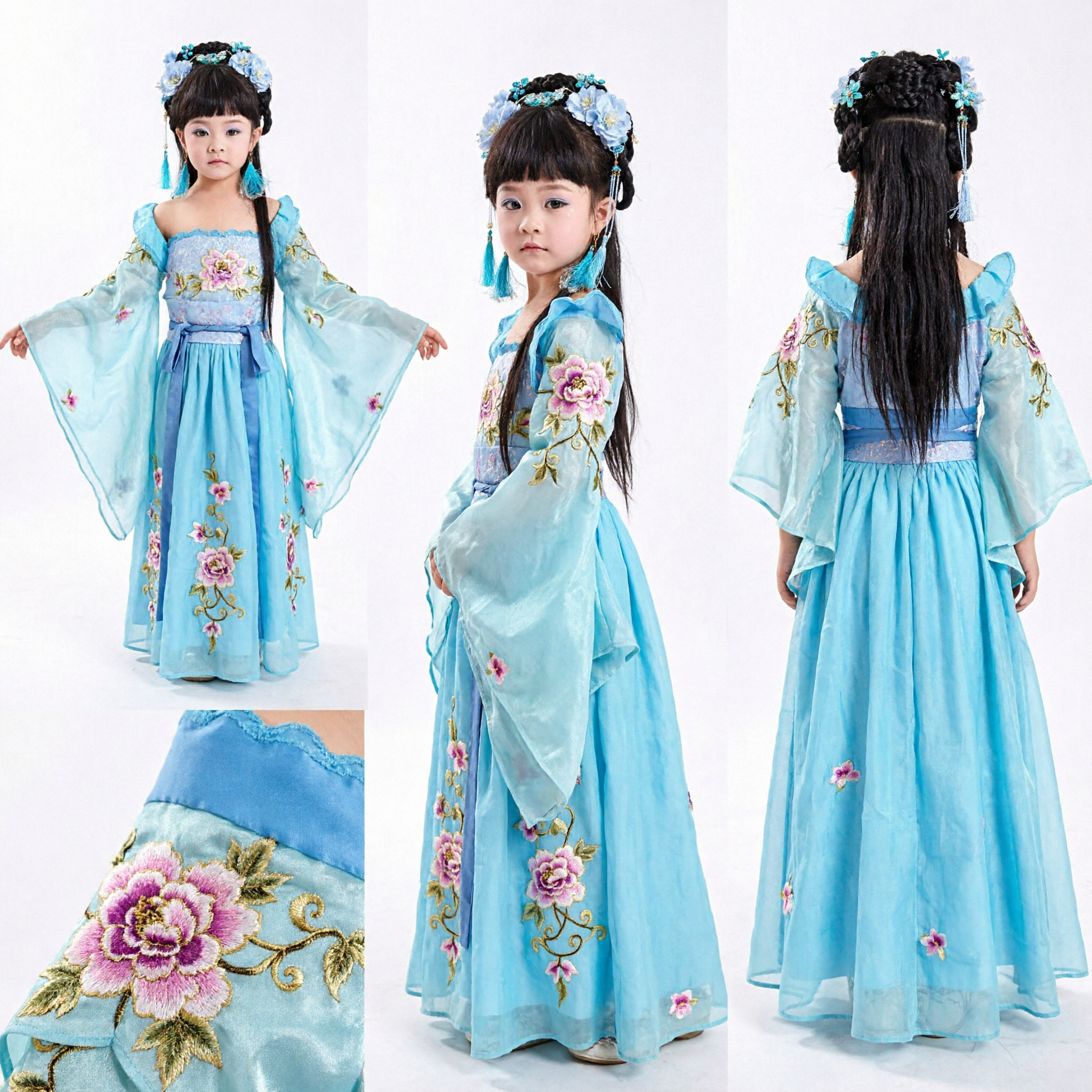 Kids Girls Chinese Traditional Hanfu Fairy Princess Costume Blue Dress for Stage Performance and Cosplay