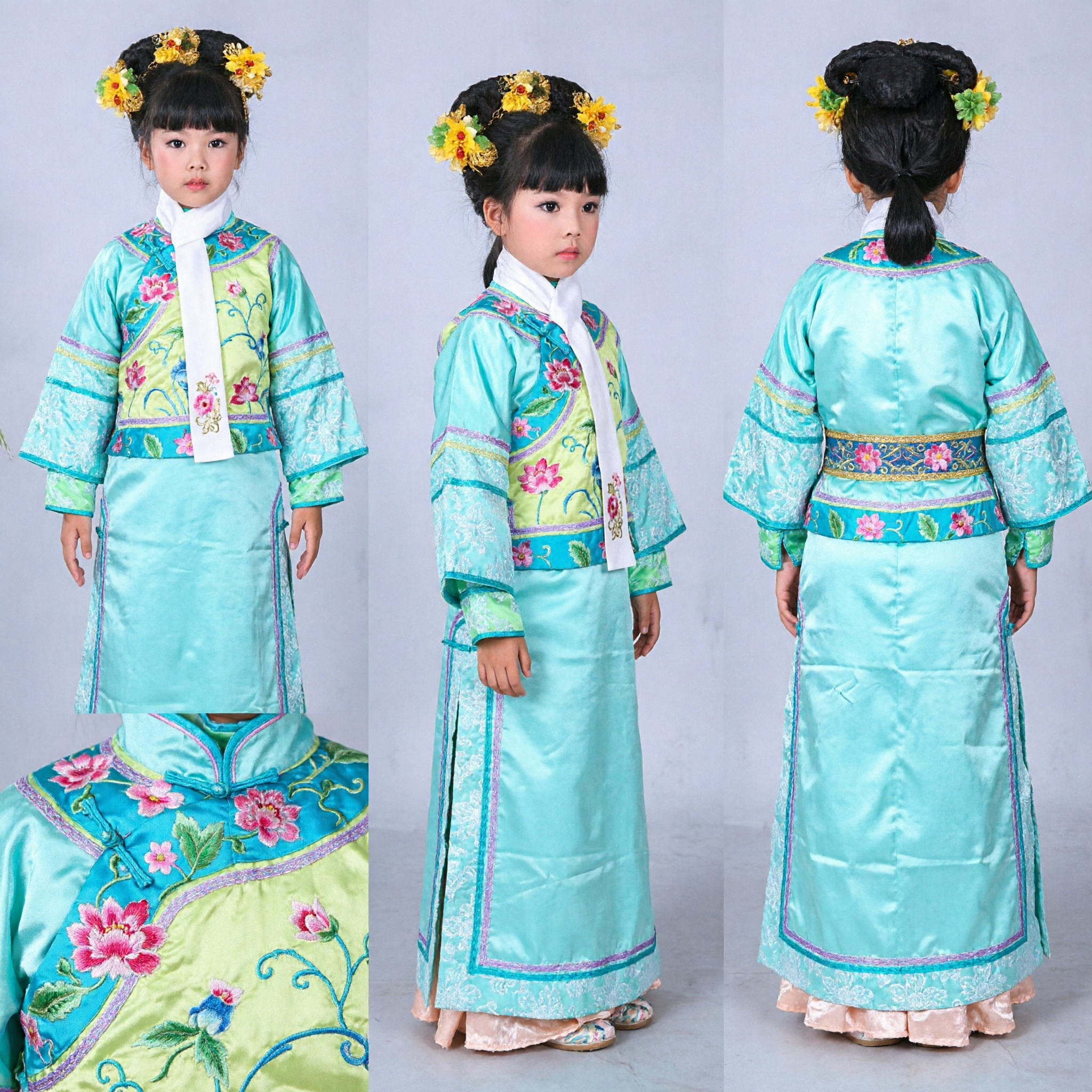 Traditional Chinese Qing Dynasty Costume for Girls Blue Embroidered Manchu Dress Kids Festival Performance Outfit