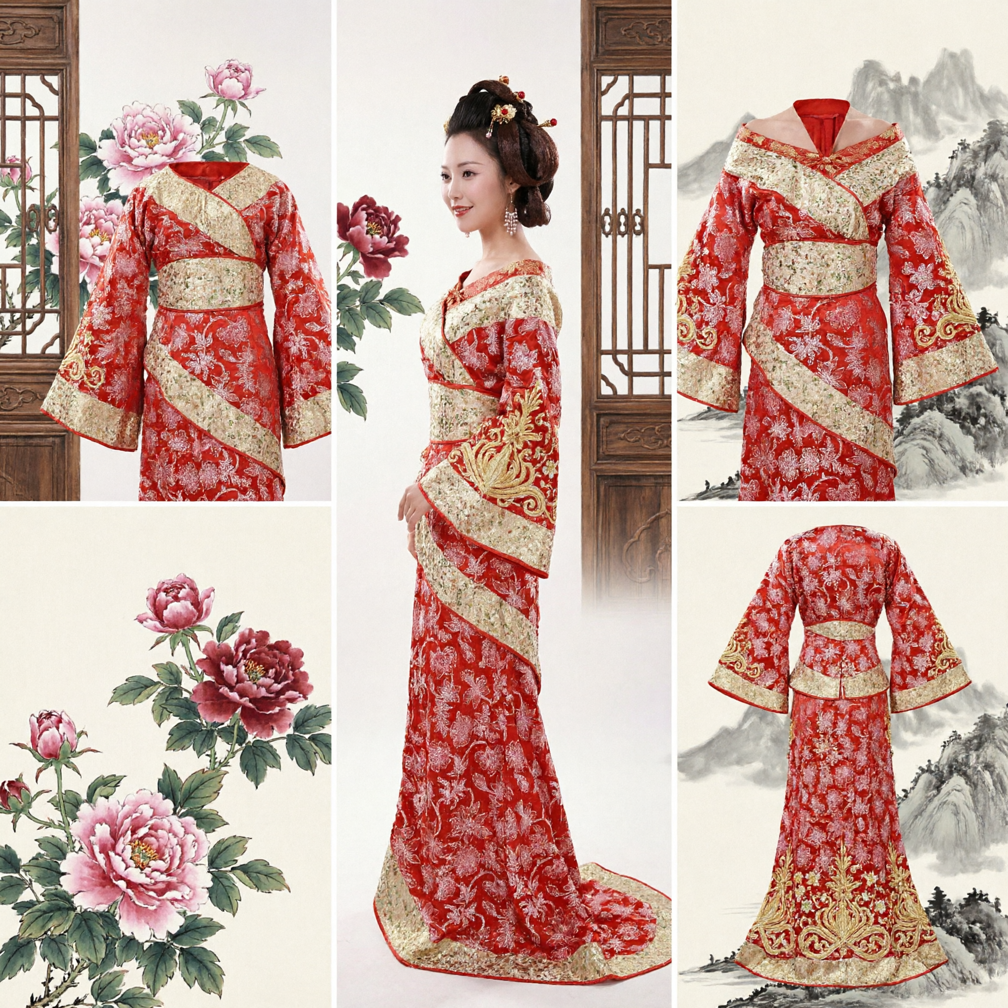 Elegant Red Floral Brocade Chinese Traditional Hanfu Gown for Women Wedding Banquet and Stage Performance