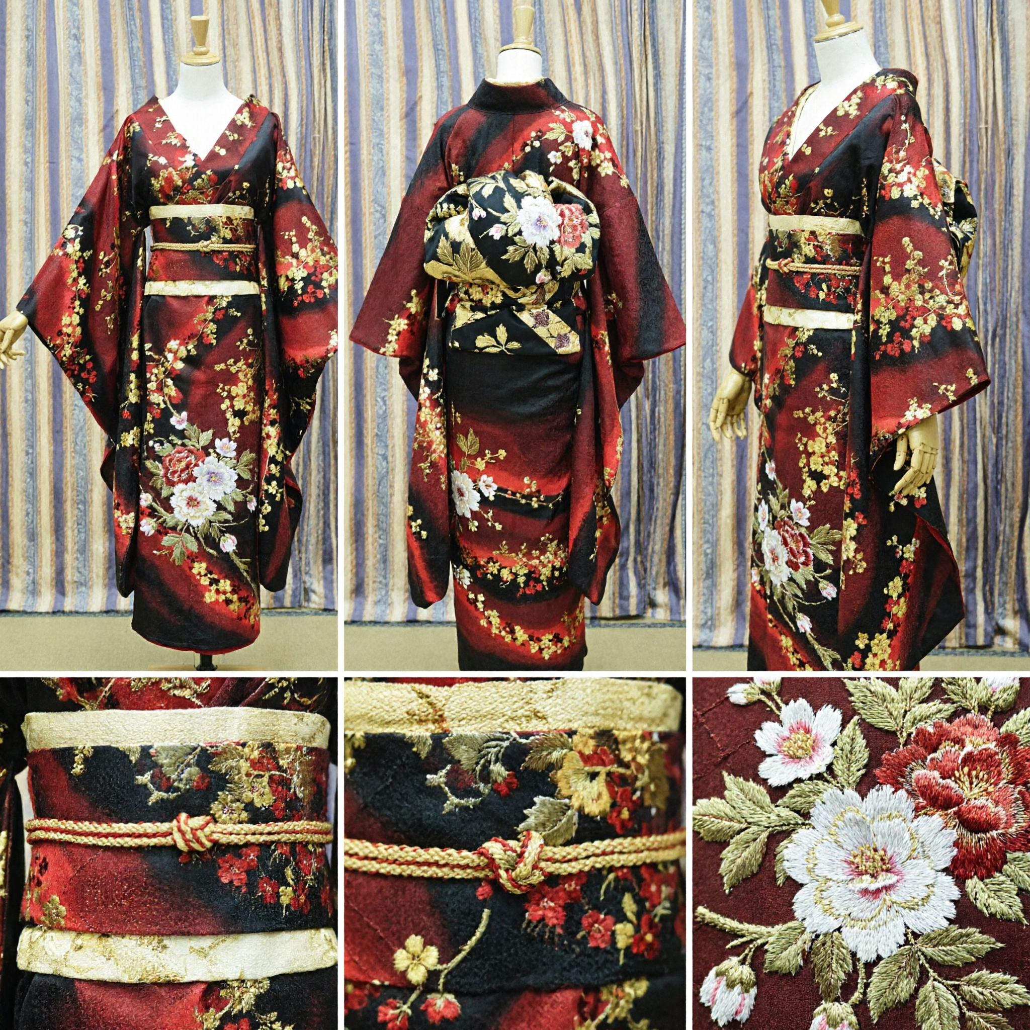 Women's Traditional Japanese Red and Black Floral Satin Kimono Costume for Festivals and Cosplay