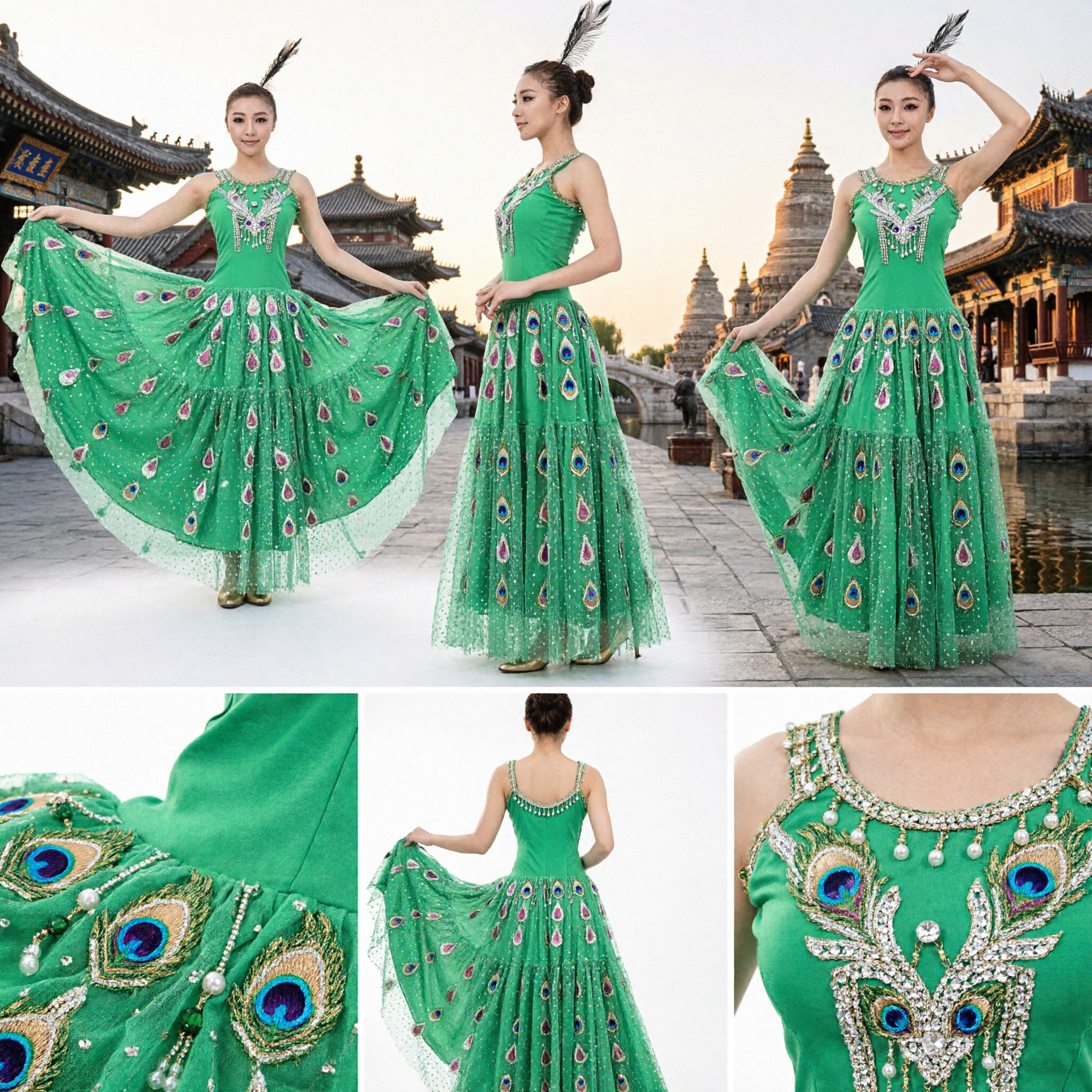 Women's Green Peacock Dance Costume Dai Minority Folk Dress Stage Performance Outfit with Sequins
