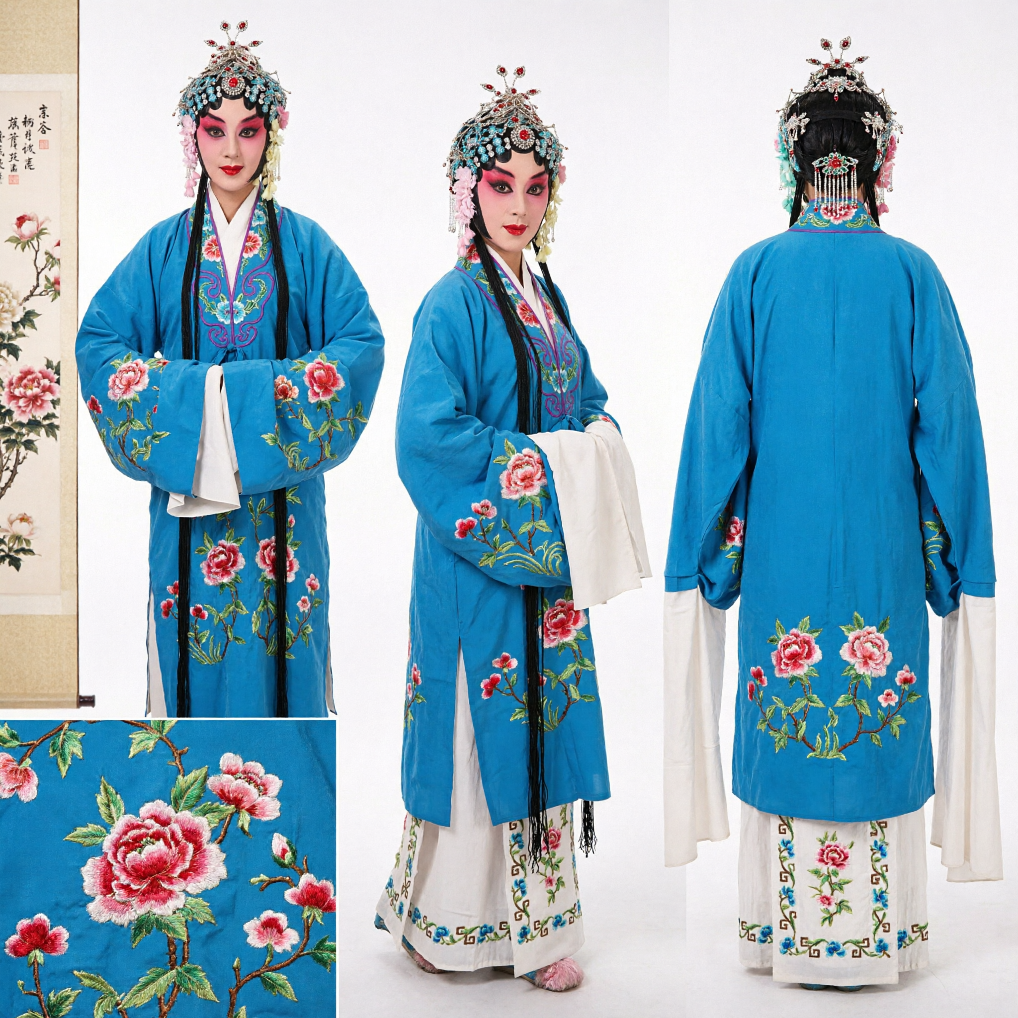 Traditional Chinese Peking Opera Blue Costume with Floral Embroidery and Long Water Sleeves for Dan Role Performance
