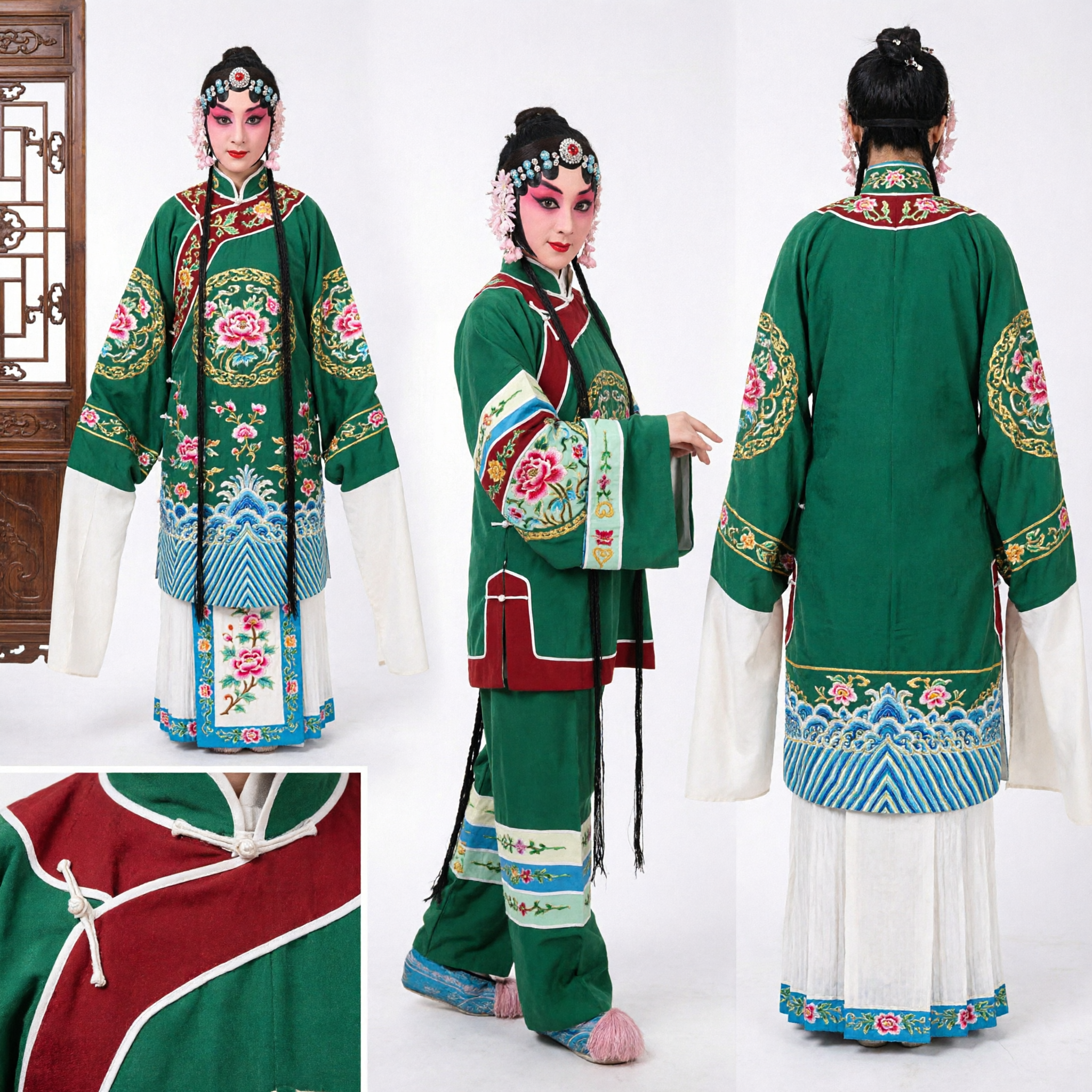 Traditional Chinese Peking Opera Green Robe Costume Complete Set for Female Dan Role Stage Performance