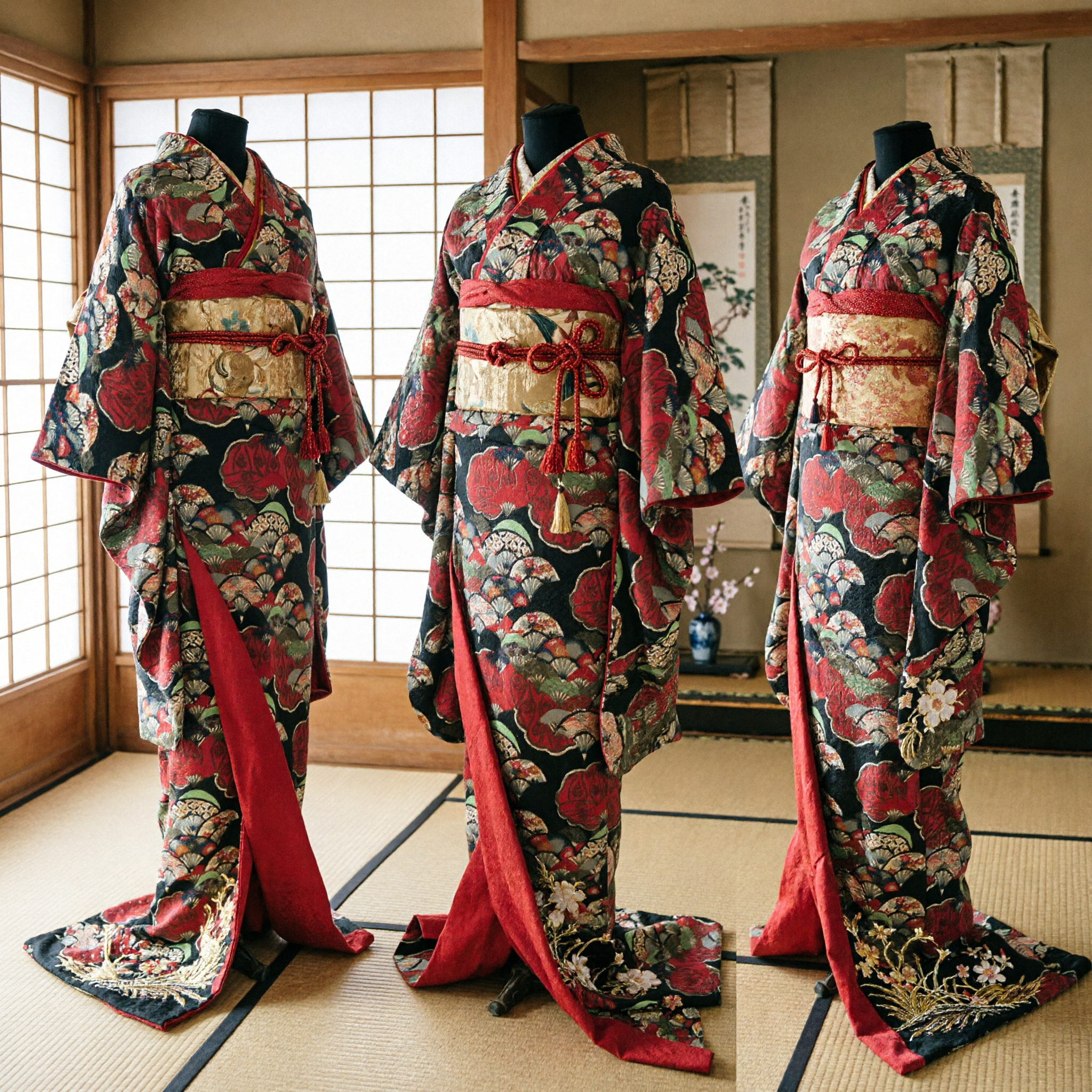 Traditional Japanese Black Kimono with Red and Gold Fan Pattern for Women Dance Performance Costume