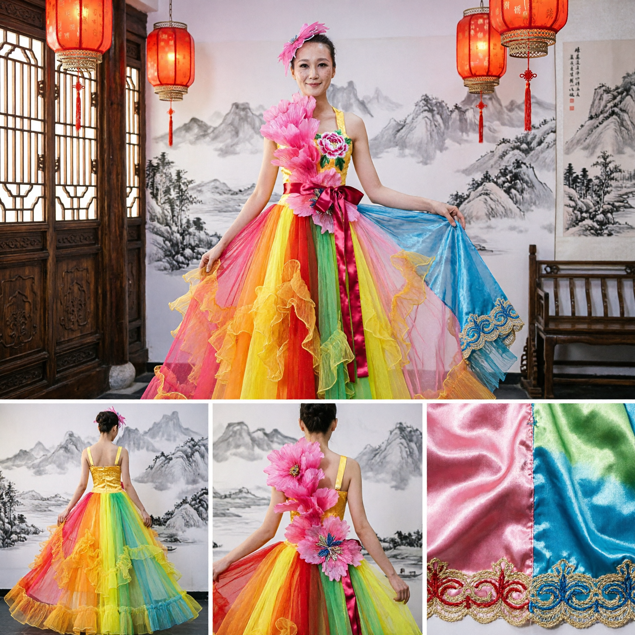 Vibrant Rainbow Chinese Folk Dance Costume Women's Yangge Stage Performance Dress with Floral Accents