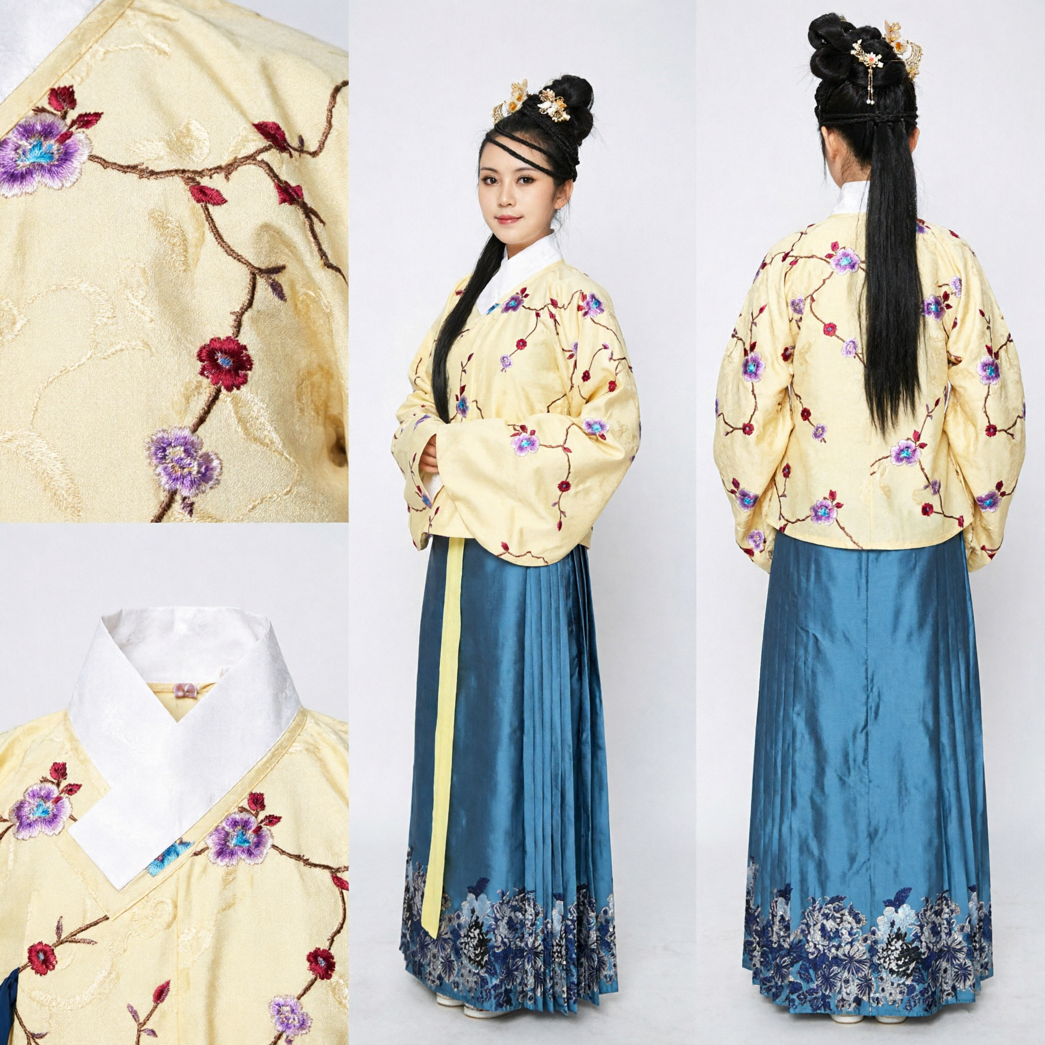 Traditional Chinese Hanfu Clothing Set Ming Dynasty Style Yellow Floral Embroidery Top and Blue Skirt