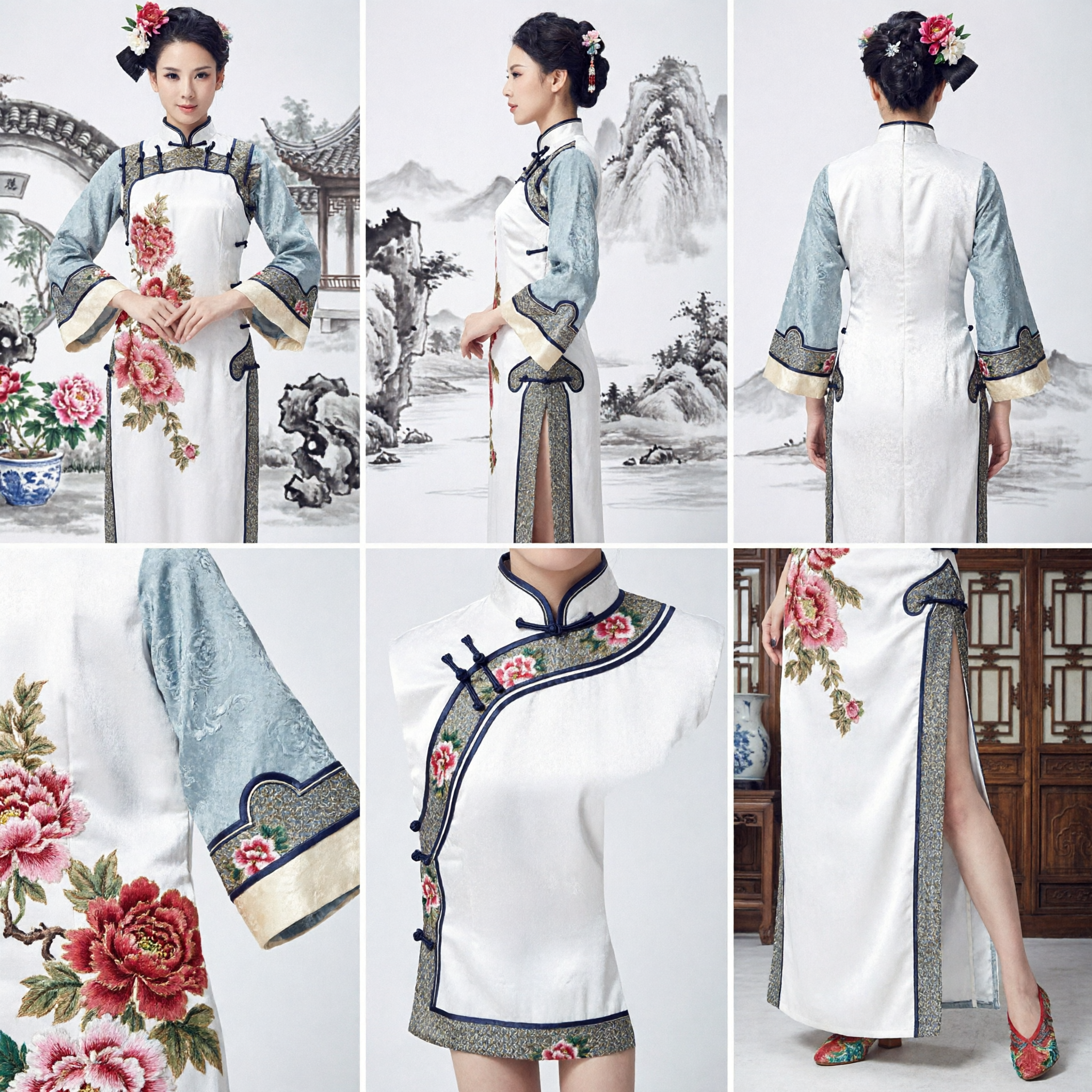 Elegant White Floral Print Traditional Chinese Qipao Dress Vintage Cheongsam Costume for Women Cultural Performance
