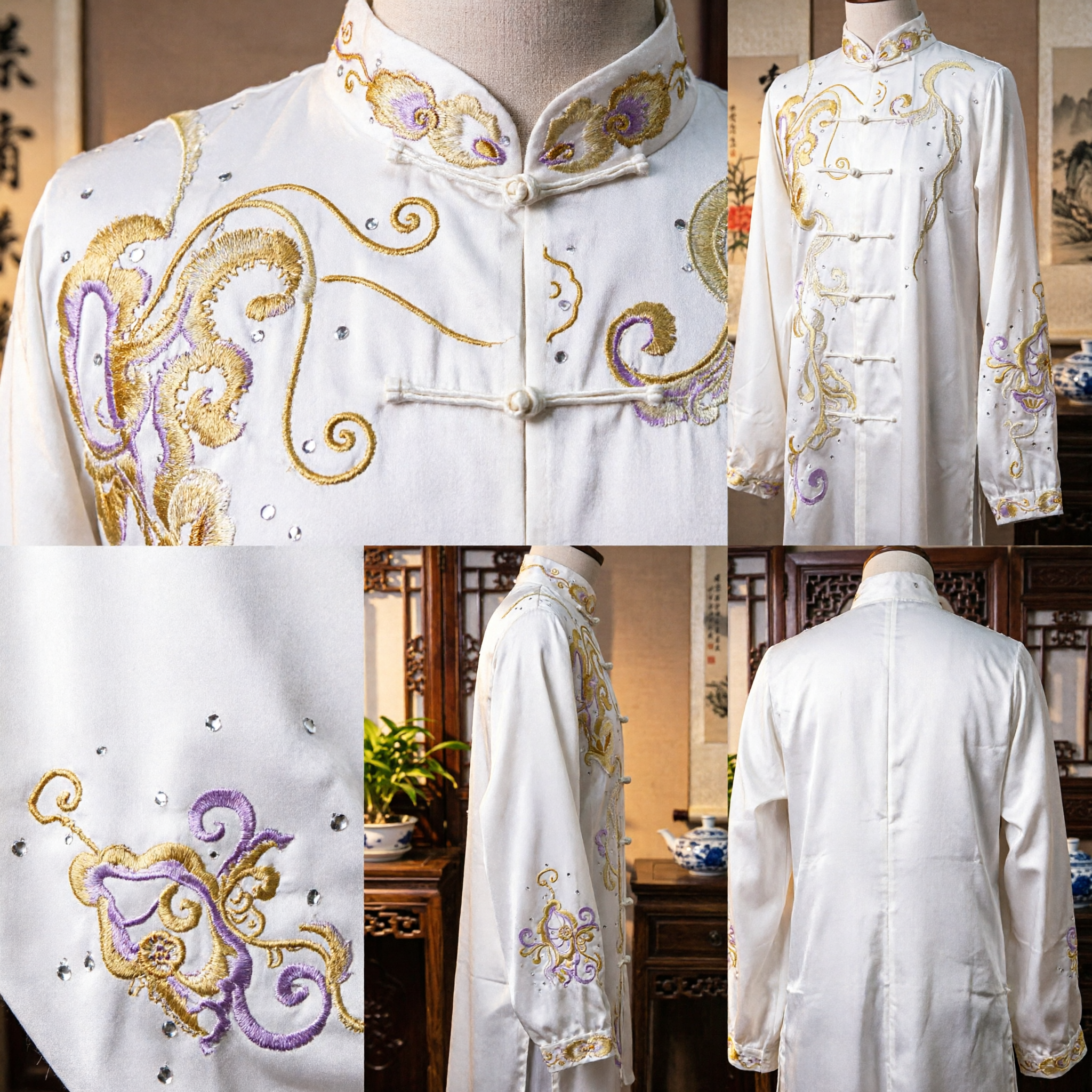 White Embroidered Tai Chi Uniform Kung Fu Suit Traditional Chinese Martial Arts Tang Suit for Wushu Performance