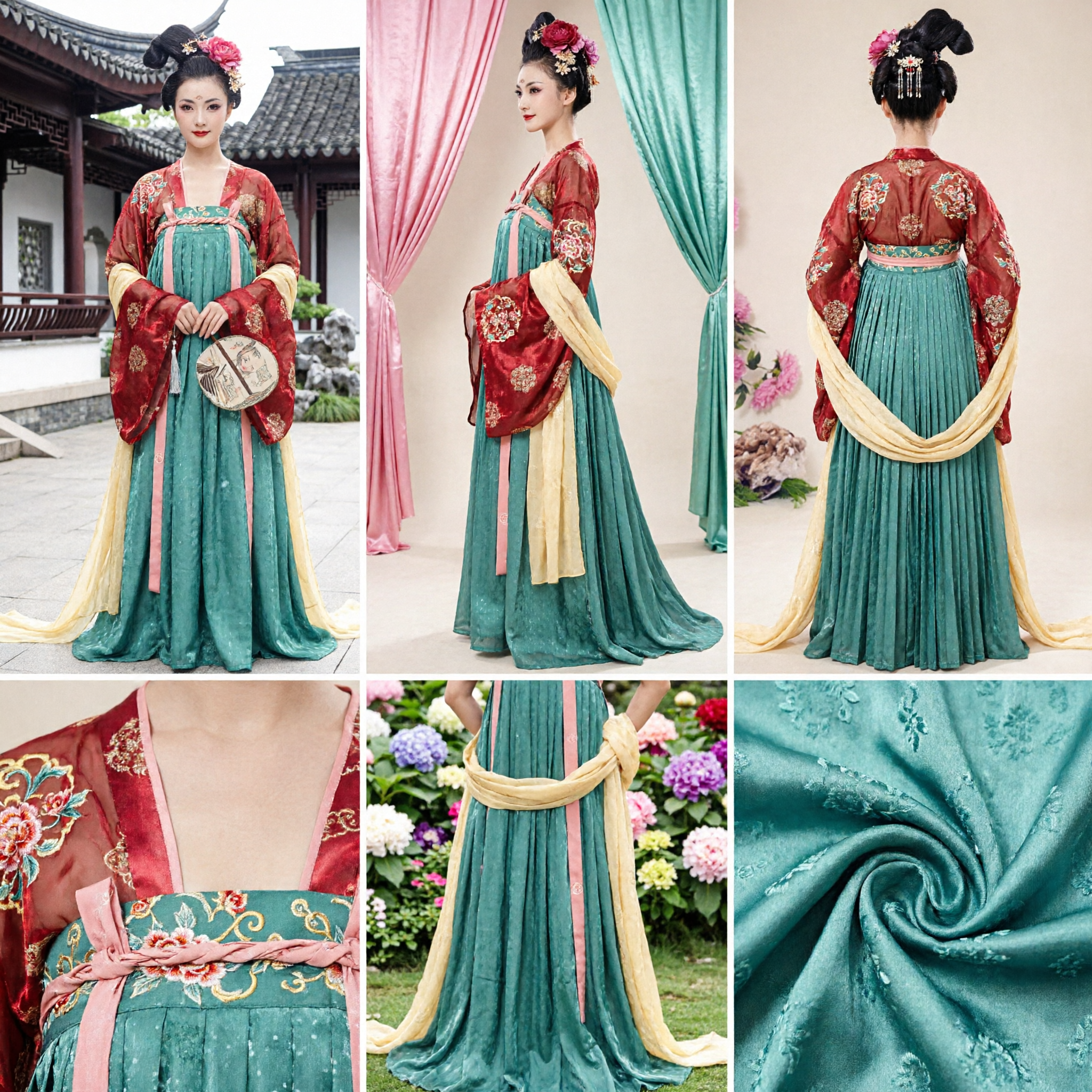 Women's Tang Dynasty Hanfu Dress Traditional Chinese Ancient Palace Costume Green Skirt Red Robe for Performance