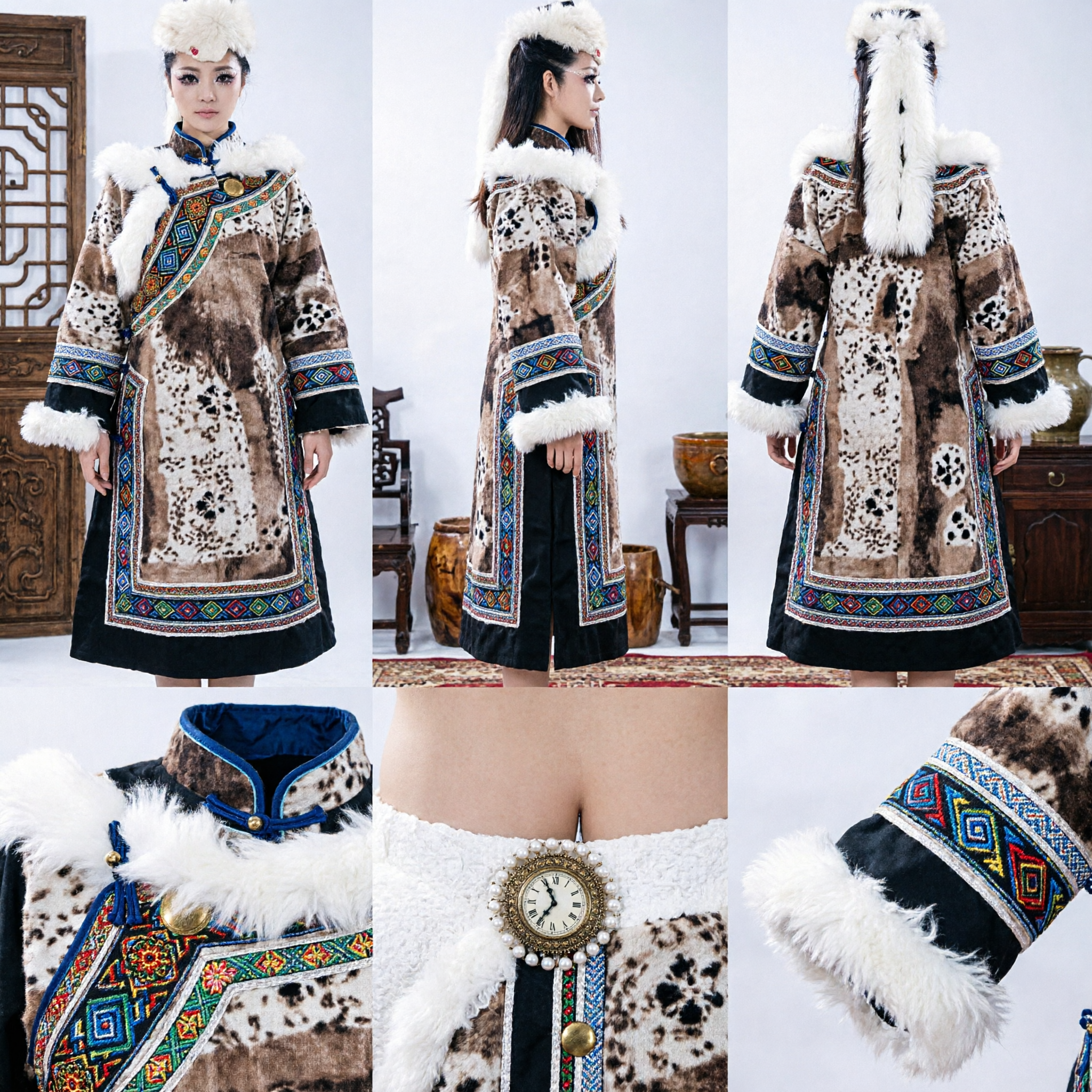 Women's Exotic White Fox Spirit Dance Costume Ethnic Stage Performance Outfit with Fur Hat and Leopard Print