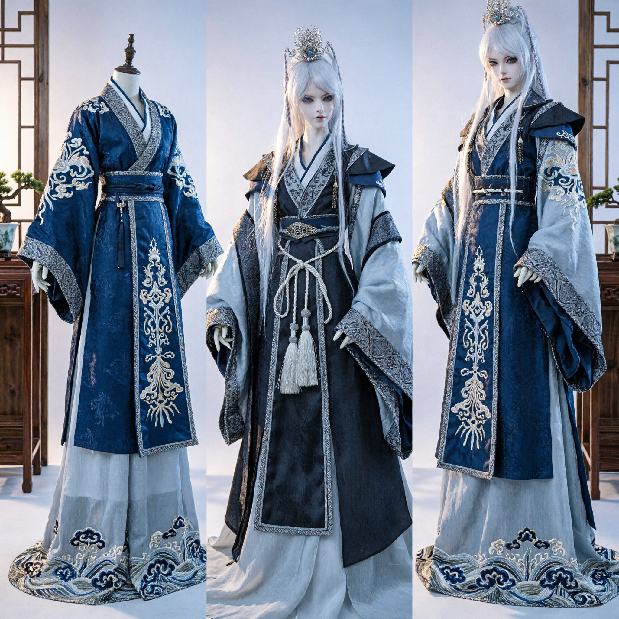 Chinese Hanfu Men's Ancient Swordsman Costume Black Silver Embroidered Robe Wuxia Cosplay Outfit