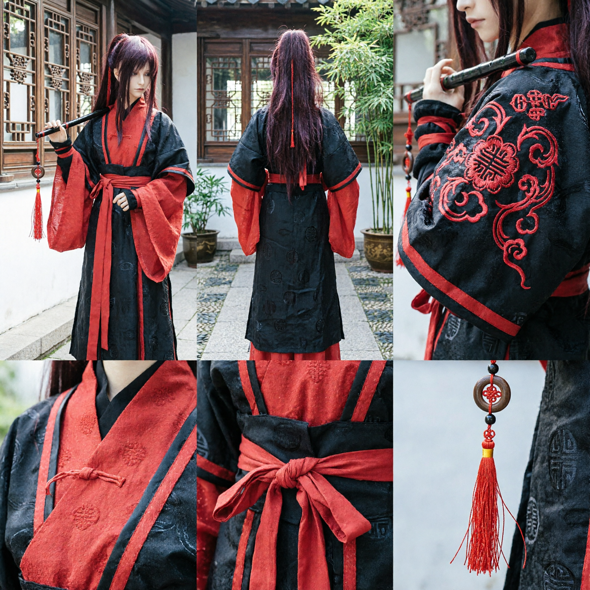 Ancient Chinese Wuxia Hanfu Costume for Male BJD Dolls Black Red Swordsman Outfit Set