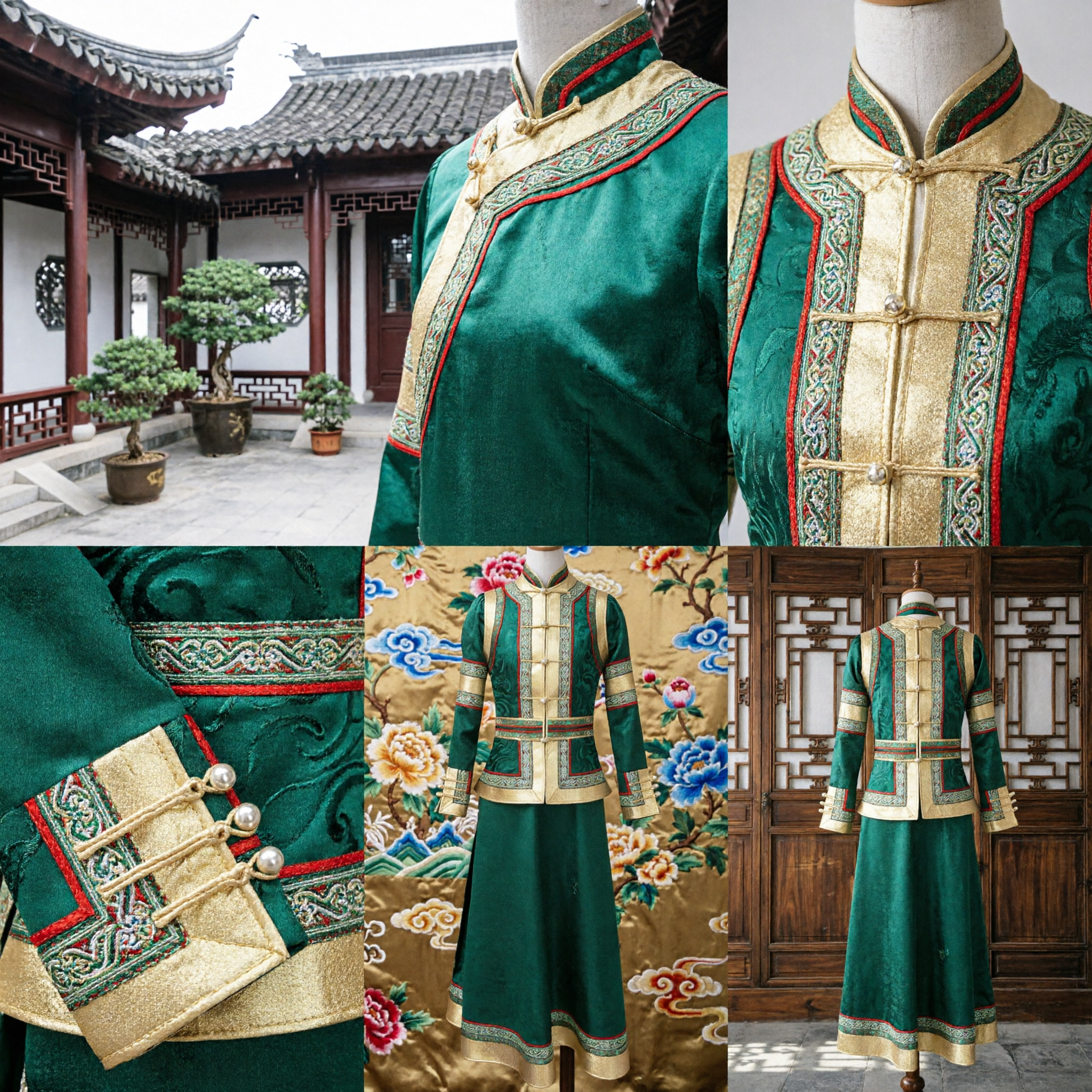 Women's Green Gold Traditional Chinese Mongolian Robe Embroidered Costume for Stage Performance Wedding
